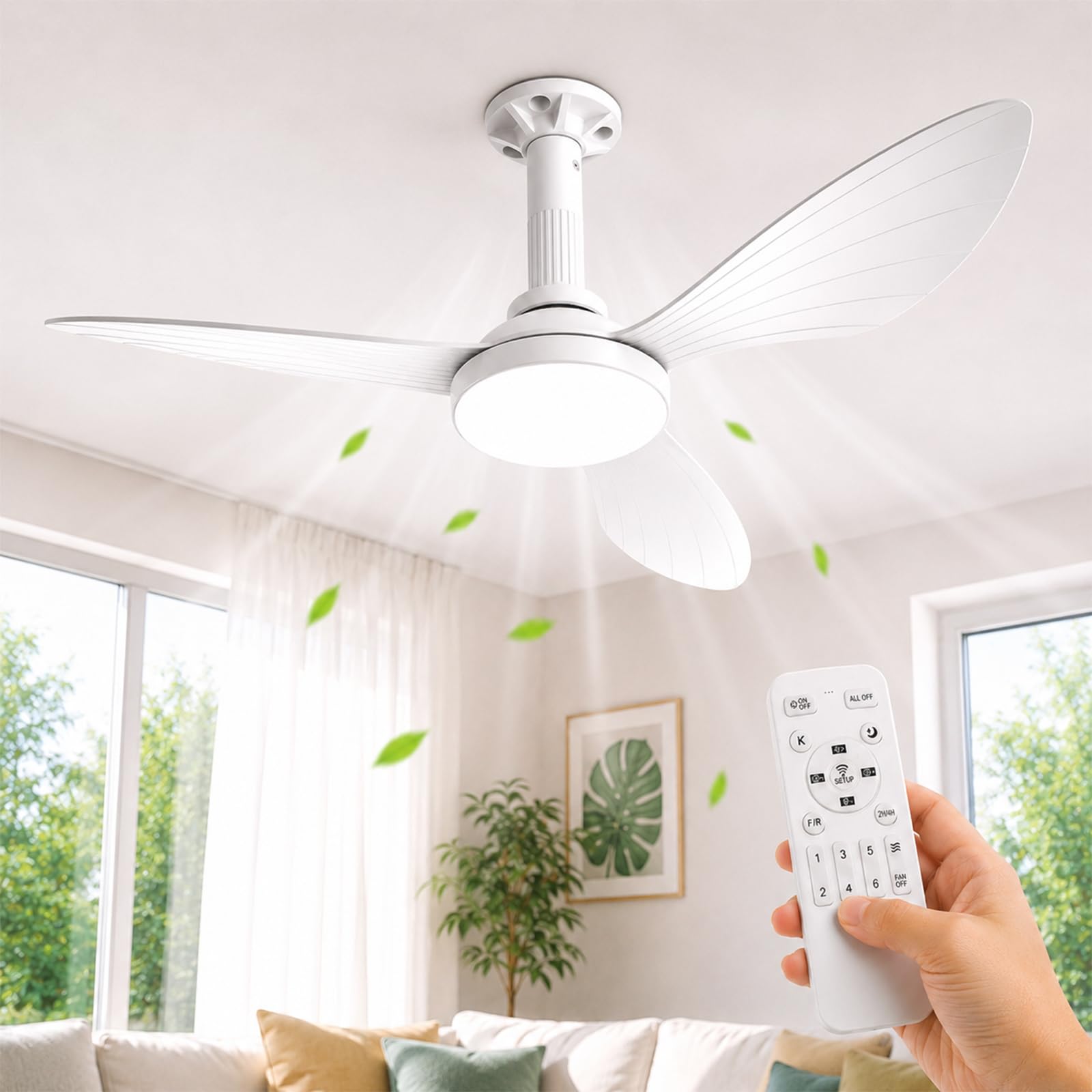 Hisummer 91cm Ventilateur Plafond E27 avec Lumière, Montage Rapide 3 Étapes | Uniquement avec le socle E27 fourni, moteur DC réversible, silencieux, 6 vitesses, LED 3CCT dimmable, chambre et salon