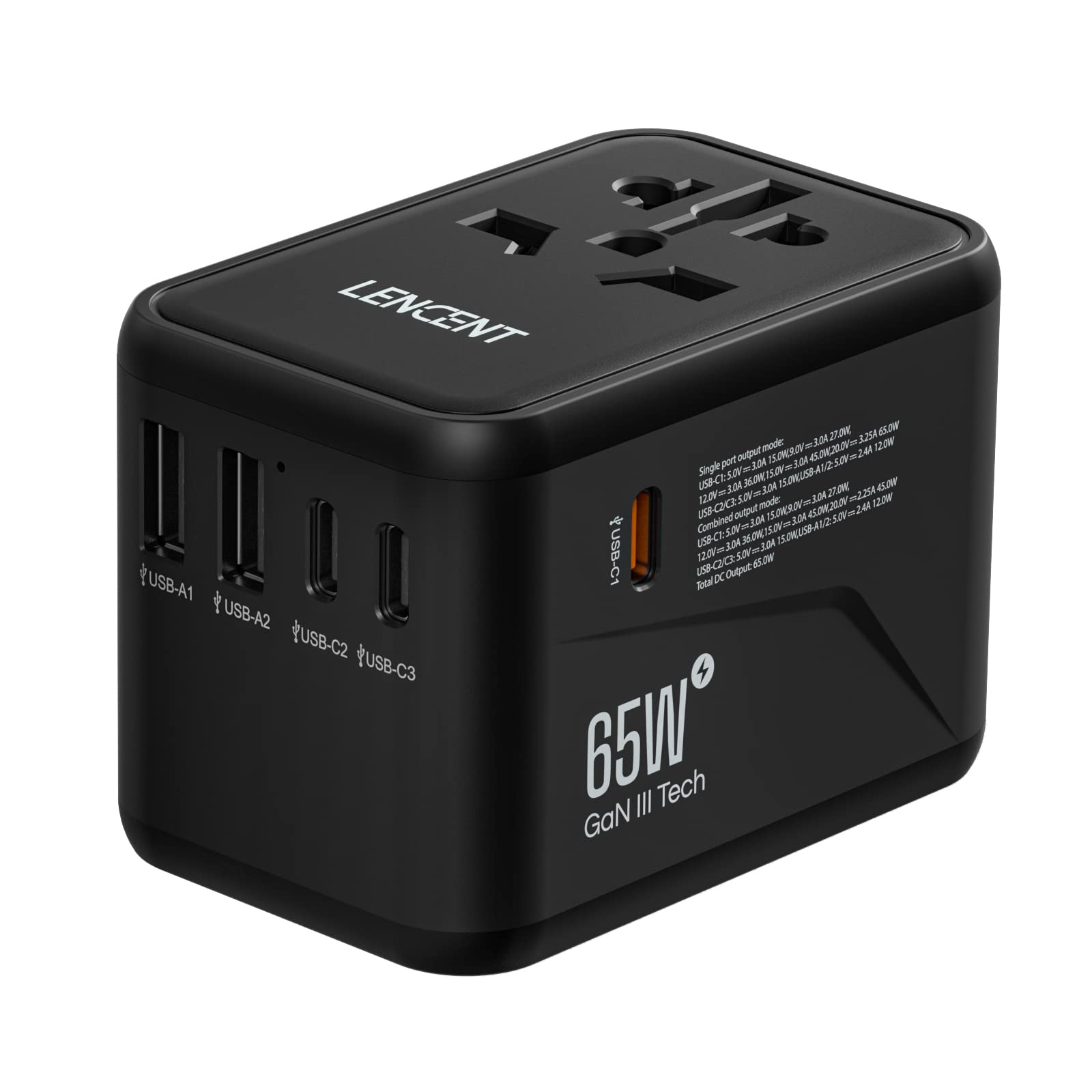 LENCENT Adaptateur Prise Universelle, Chargeur Rapide GaN‑III 65W PD | 2 USB‑A +3 USB‑C PD, Charger 6 Appareils Simultanément, Multi‑Protection, Adaptateur Voyage pour 200+ pays