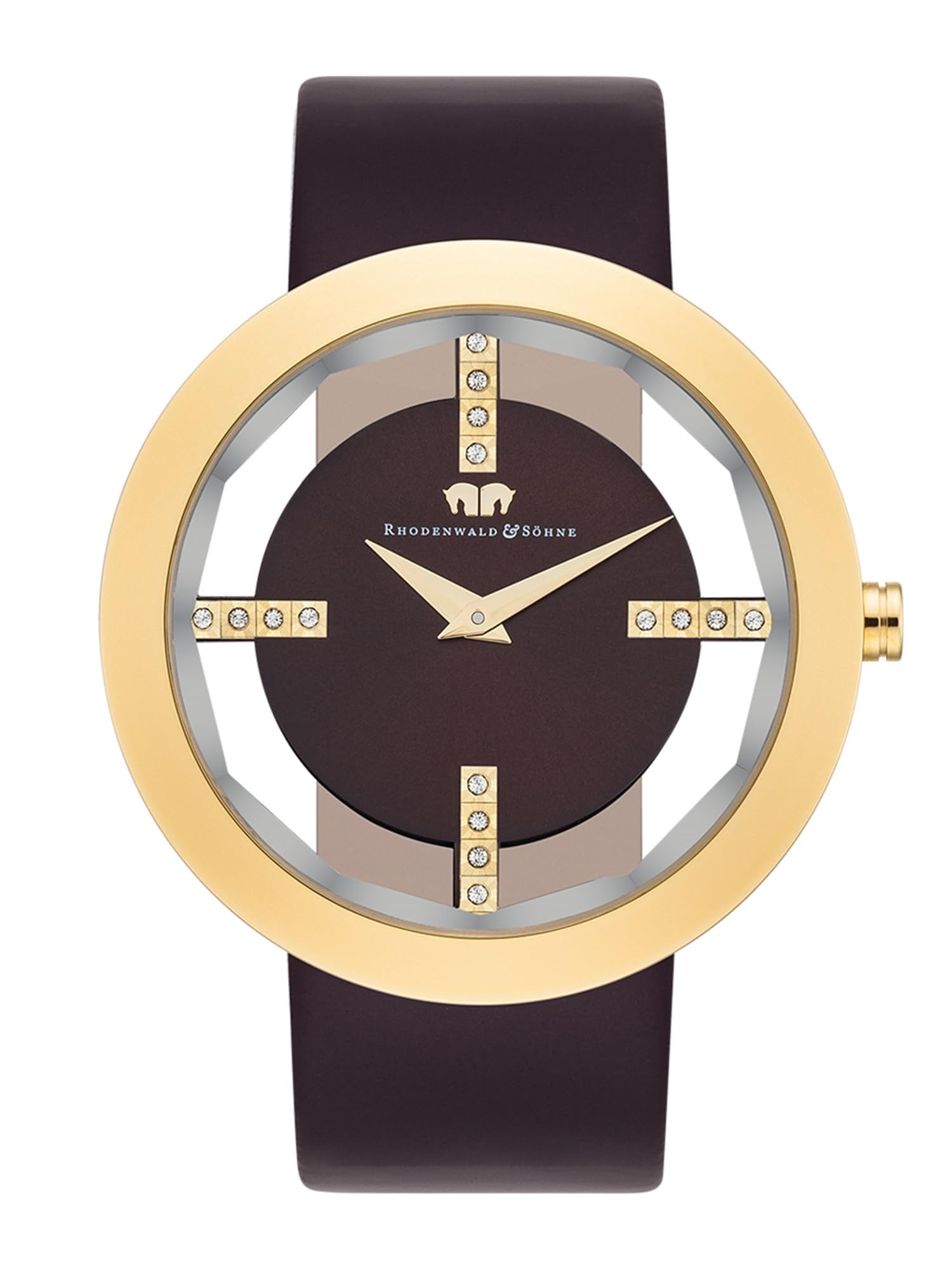 Rhodenwald & Söhne Lucrezia Montre pour femme en acier inoxydable doré 3 ATM décorée de cristaux Bracelet en cuir véritable – Montre tendance pour femme Aspect squelette
