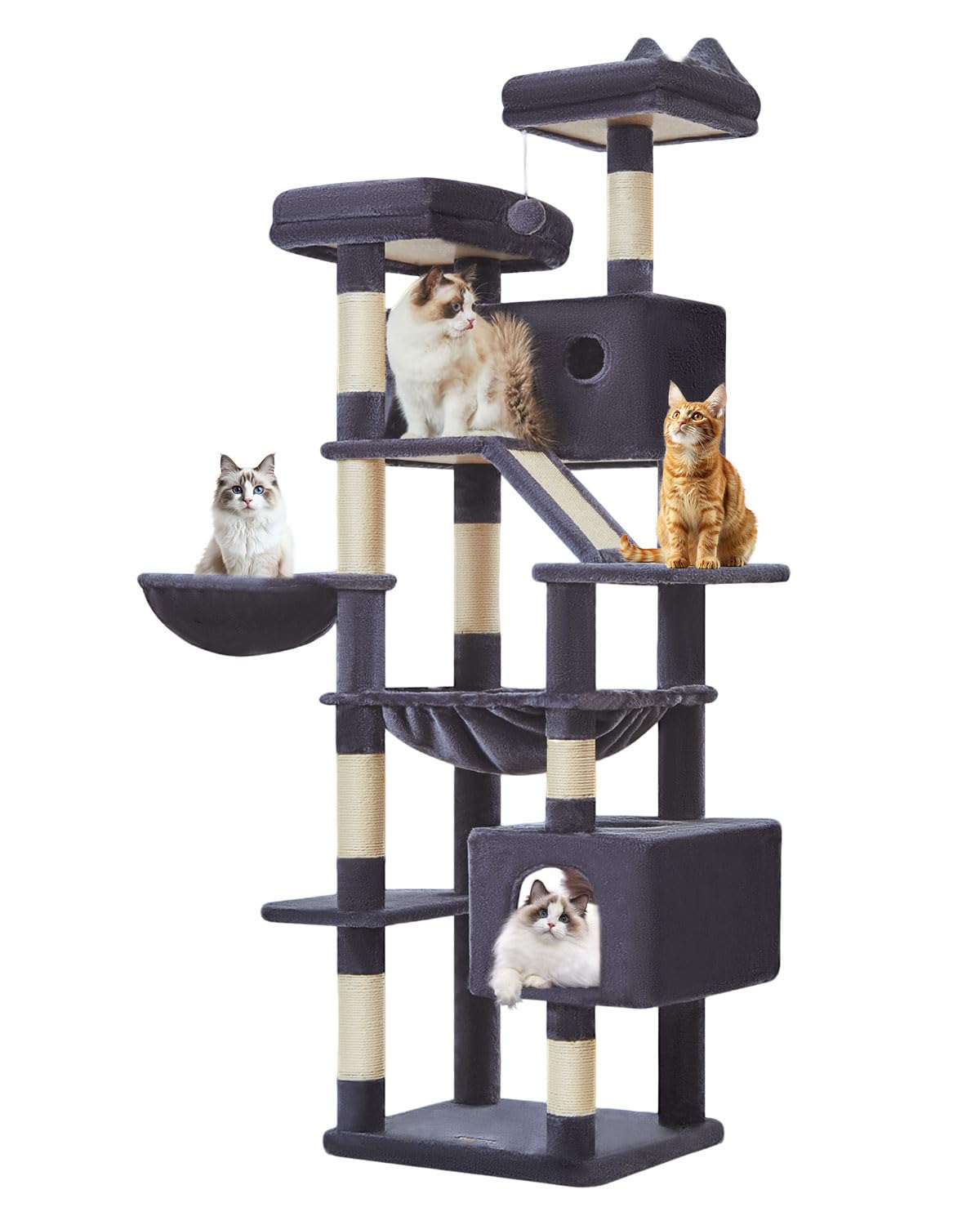 Taoqimiao Arbre à Chat XL, Tour de Jeux pour Chats de 180 cm, 2 Plateformes | arbre a chat maine coon, Niche, Hamac Cadre Métallique, Panier, Panneau À Griffer, 8 Griffoir Sisal, Gris Foncé MS026LG