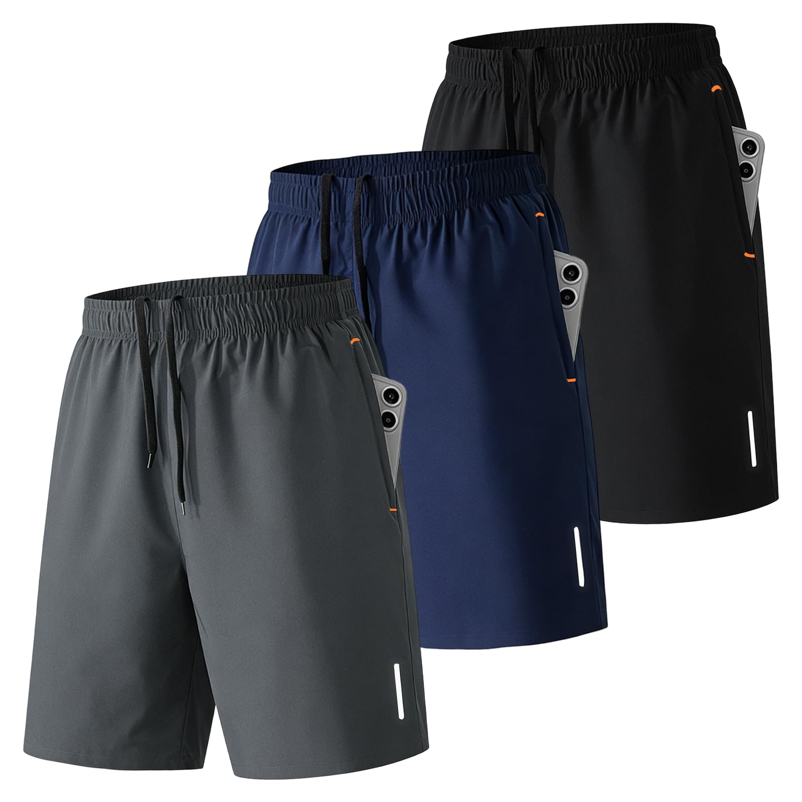 SHAGGA Lot de 3 shorts de sport légers à séchage rapide pour homme, entrejambe 7 avec poches zippées pour course à pied, fitness, jogging