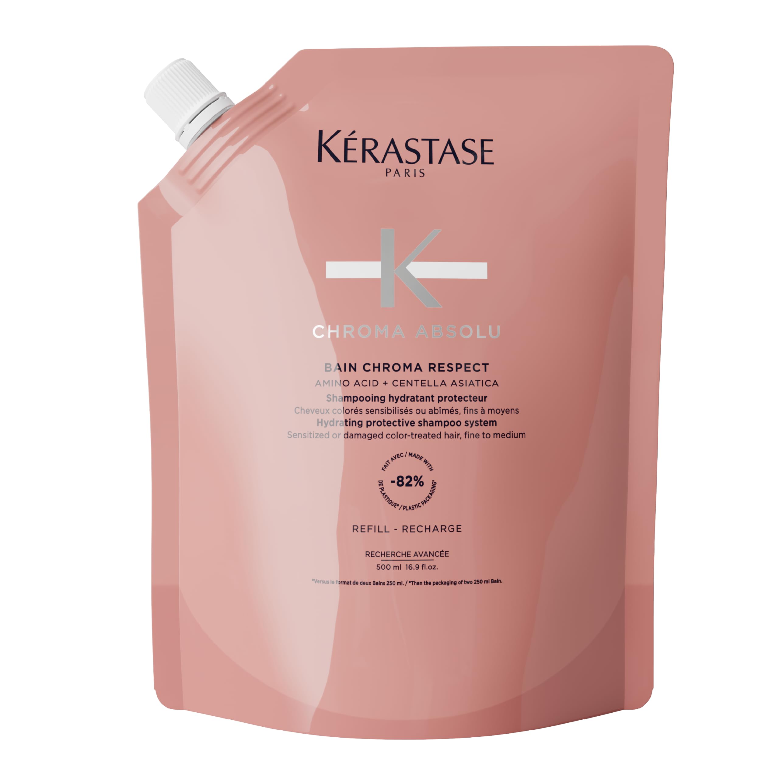 KÉRASTASE Chroma Absolu - Recharge Bain Chroma Respect - Shampoing Hydratant Protecteur Doux - Pour Cheveux Colorés Sensibilisés ou Abîmés Fins à Moyens - 500 ml