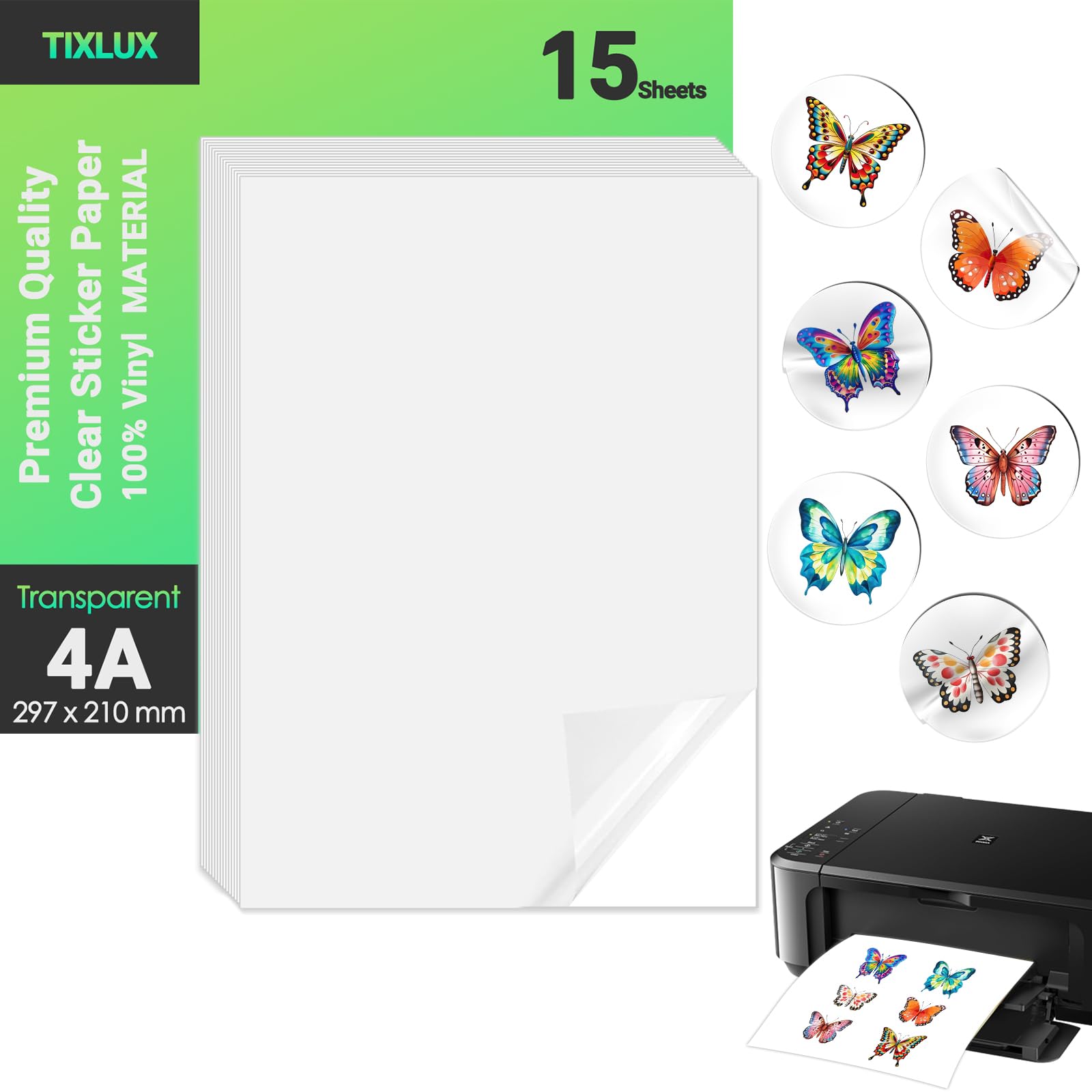 Tixlux 15 feuilles de papier autocollant en vinyle pour imprimante à jet d'encre, transparent, autocollant, sèche rapidement, couleurs vives, format A4 297x210mm