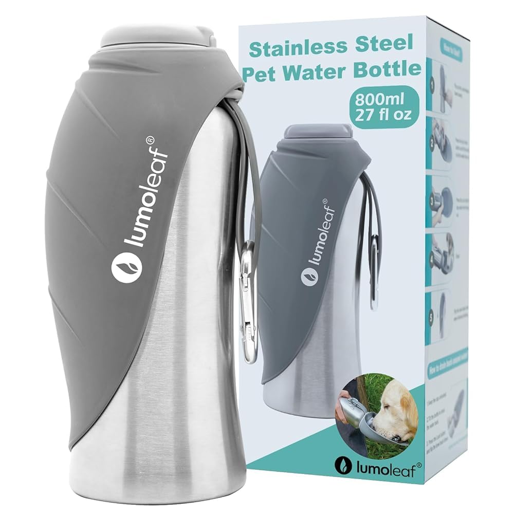 LumoLeaf Bouteilles d'eau Portables pour Chien de 800 ML, Distributeur d'eau de Voyage en Acier Inoxydable pour la Marche, la randonnée et l'extérieur, Bol d'eau Portable pour Grands (Gris, 800ml)