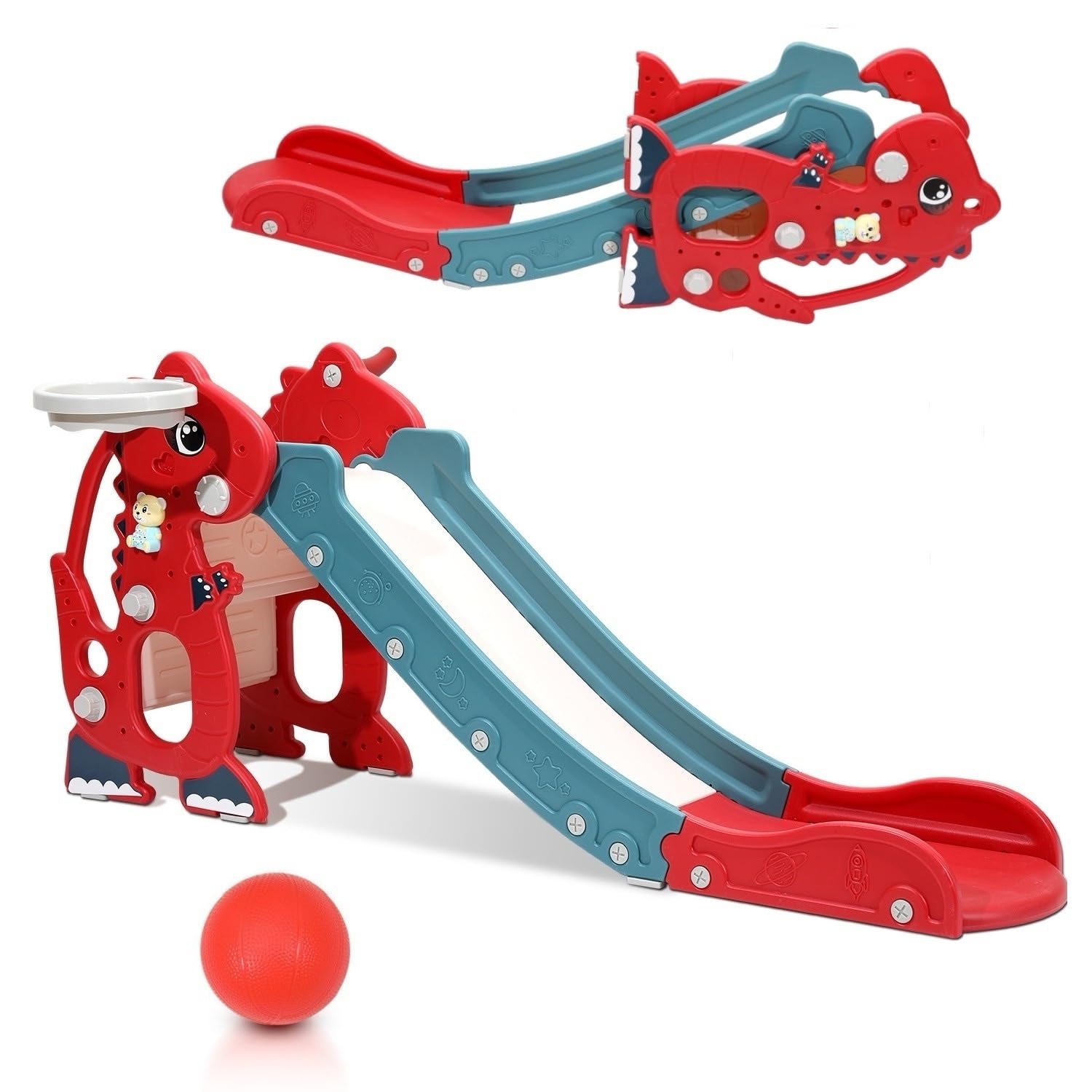Ansobea Toboggan 4 en 1 pour enfant avec machine d'apprentissage précoce en anglais, rouge