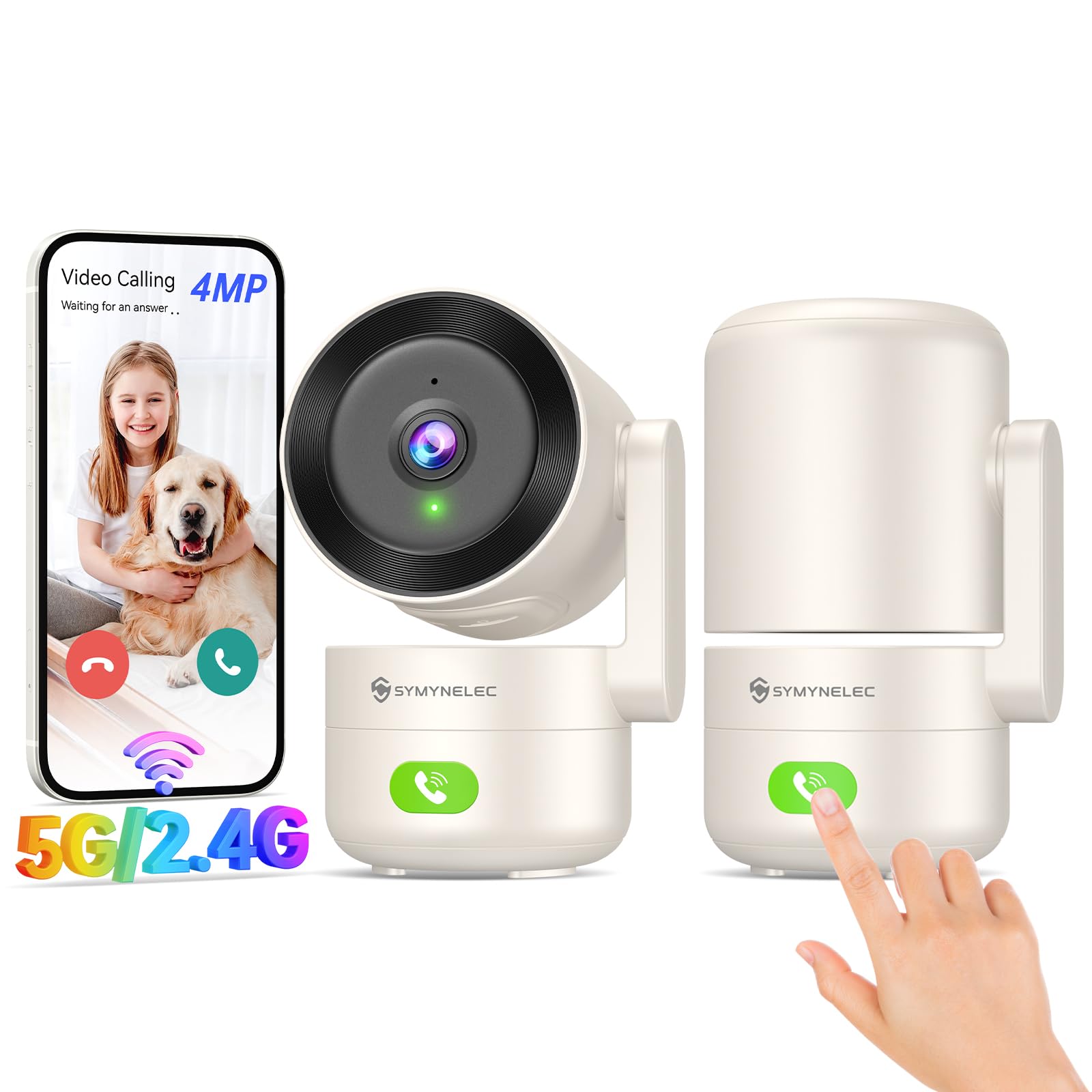 SYMYNELEC 2K Caméra de Surveillance Intérieure WiFi 5GHz/2,4GHz, 2 Pièces | Caméra 360°, Détection Humaine, Vision Nocturne, Appel en un Clic, Audio Bidirectionnel, Surveillance Bébé/Animaux, Alexa