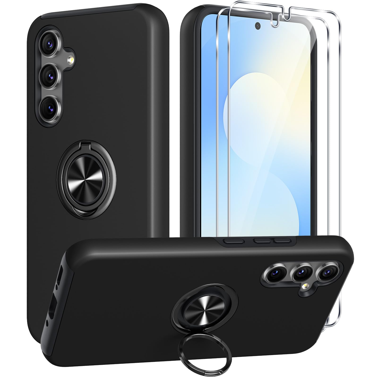 Pnakqil Coque pour Samsung Galaxy S25 5G avec avec 2 Verre Trempé,Housse Antichoc Protection de Qualité Militaire avec Support Anneau Rotatif à 360°,Dos Rigide Résistant aux Rayures Case,Noir