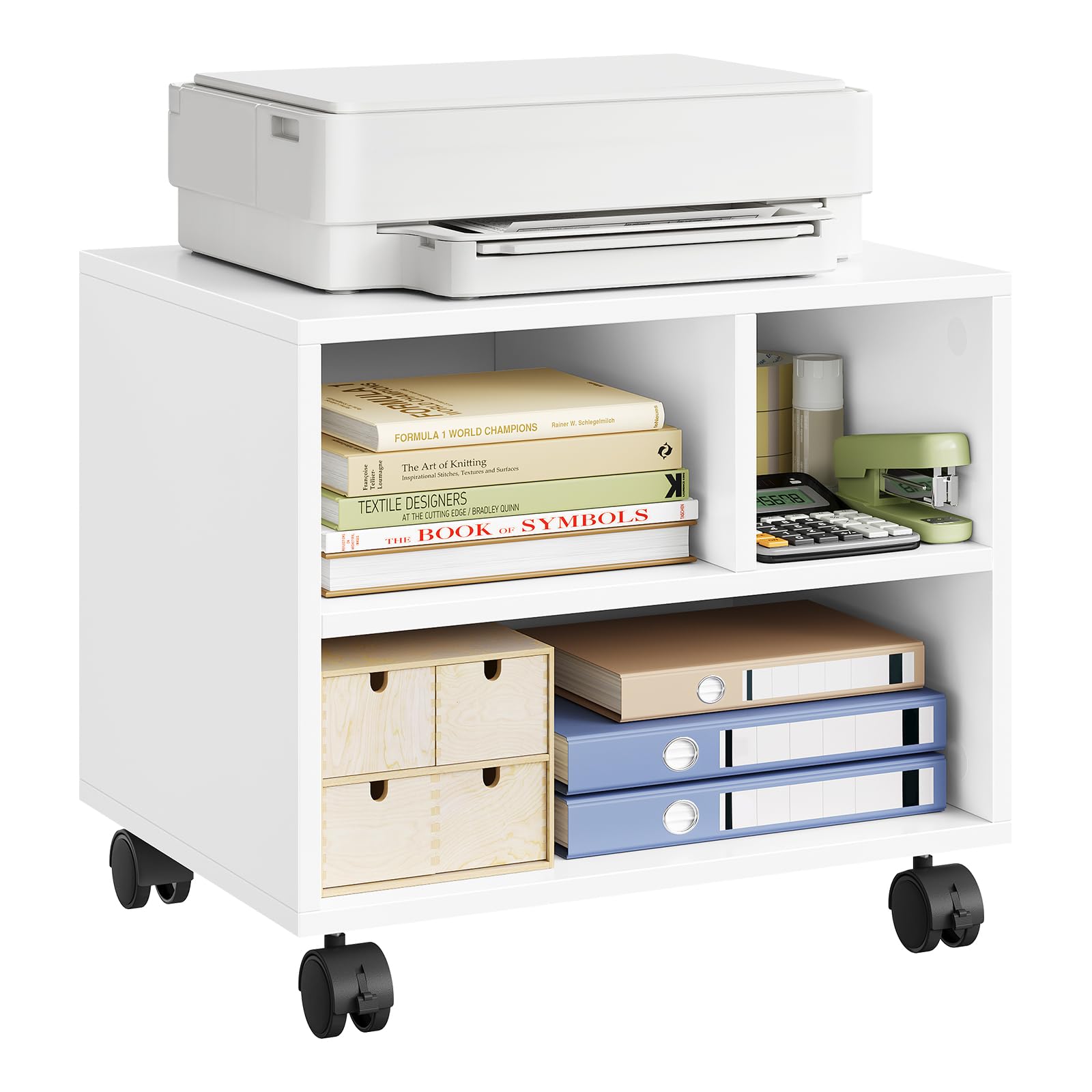 WOLTU Caisson de Bureau sur Roulettes, Support d'Imprimante Mobile | avec 3 Compartiments Ouverts, 40x30x35 cm, Blanc
