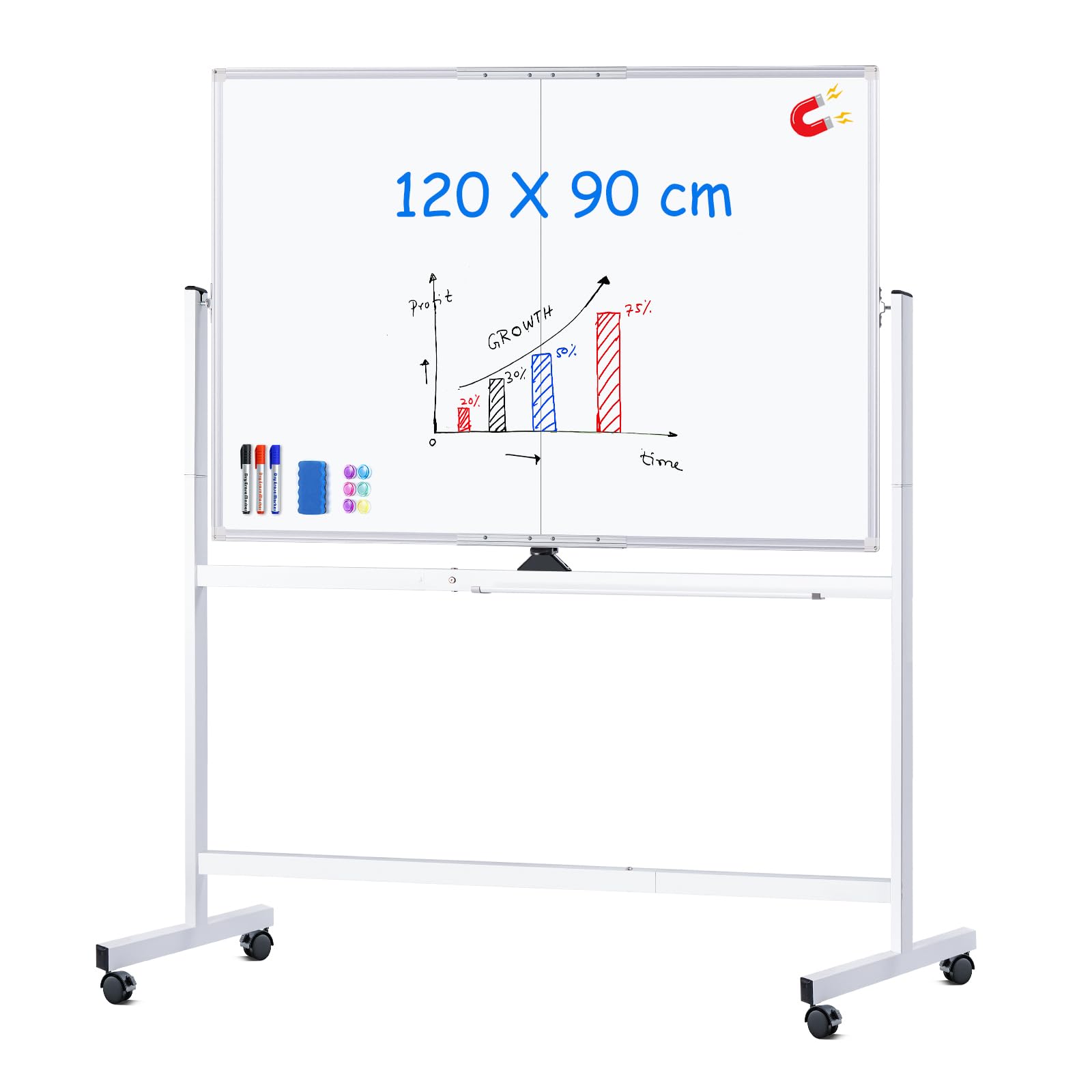 maxtek Tableau Blanc Effaçable Mobile 120 x 90 cm, Whiteboard sur Roulette | Double Face, White Board avec Supports, Cadre en Aluminium, avec Accessoire, pour l'école à Domicile, le Bureau