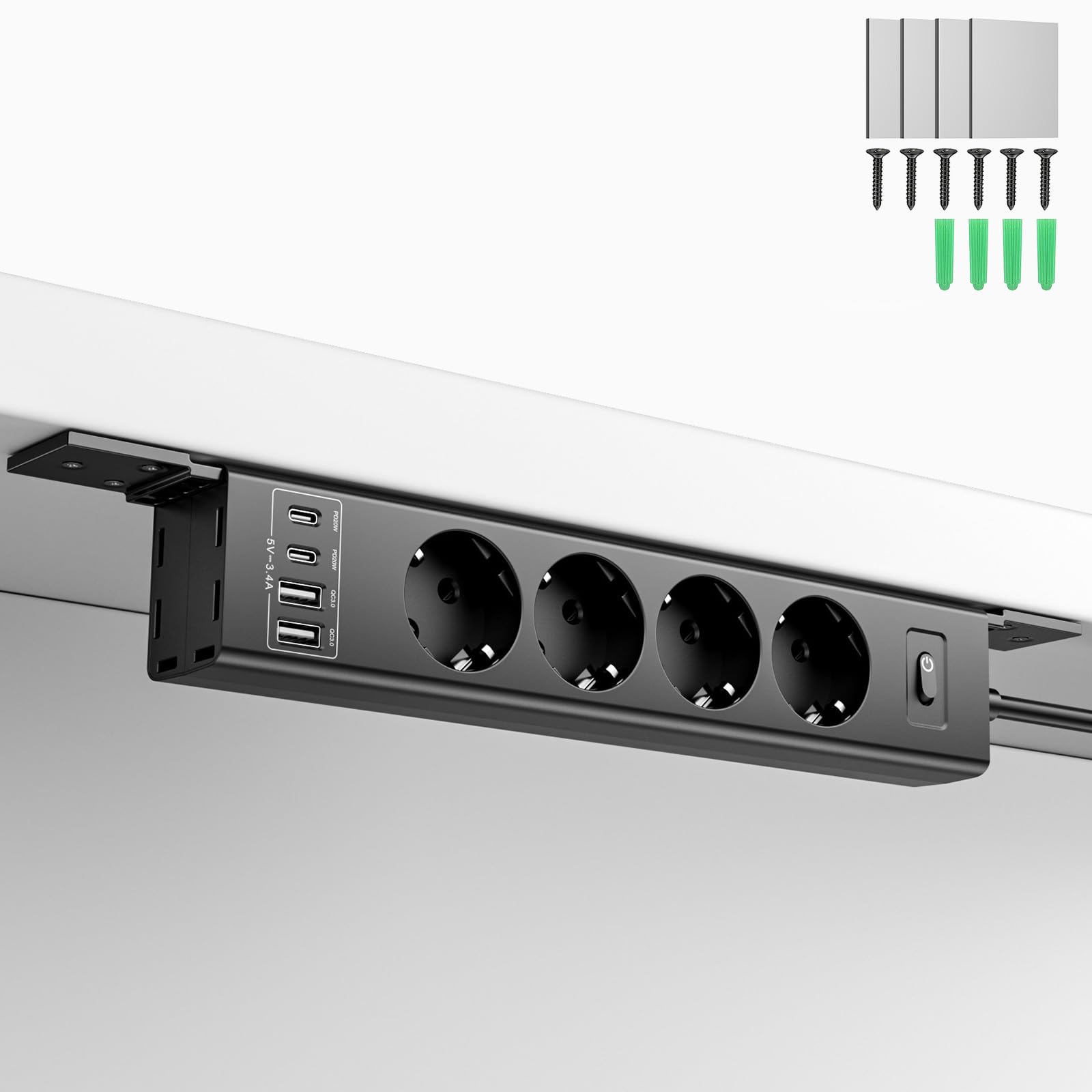 Multiprise montable pour Montage Mural et sous Plan de Travail, 4000W, 4 Prises + 4 USB (2 USB-C PD20W + 2 USB-A 18W), parafoudre, câble Invisible 2m – Bureau, Cuisine, Atelier, Maison