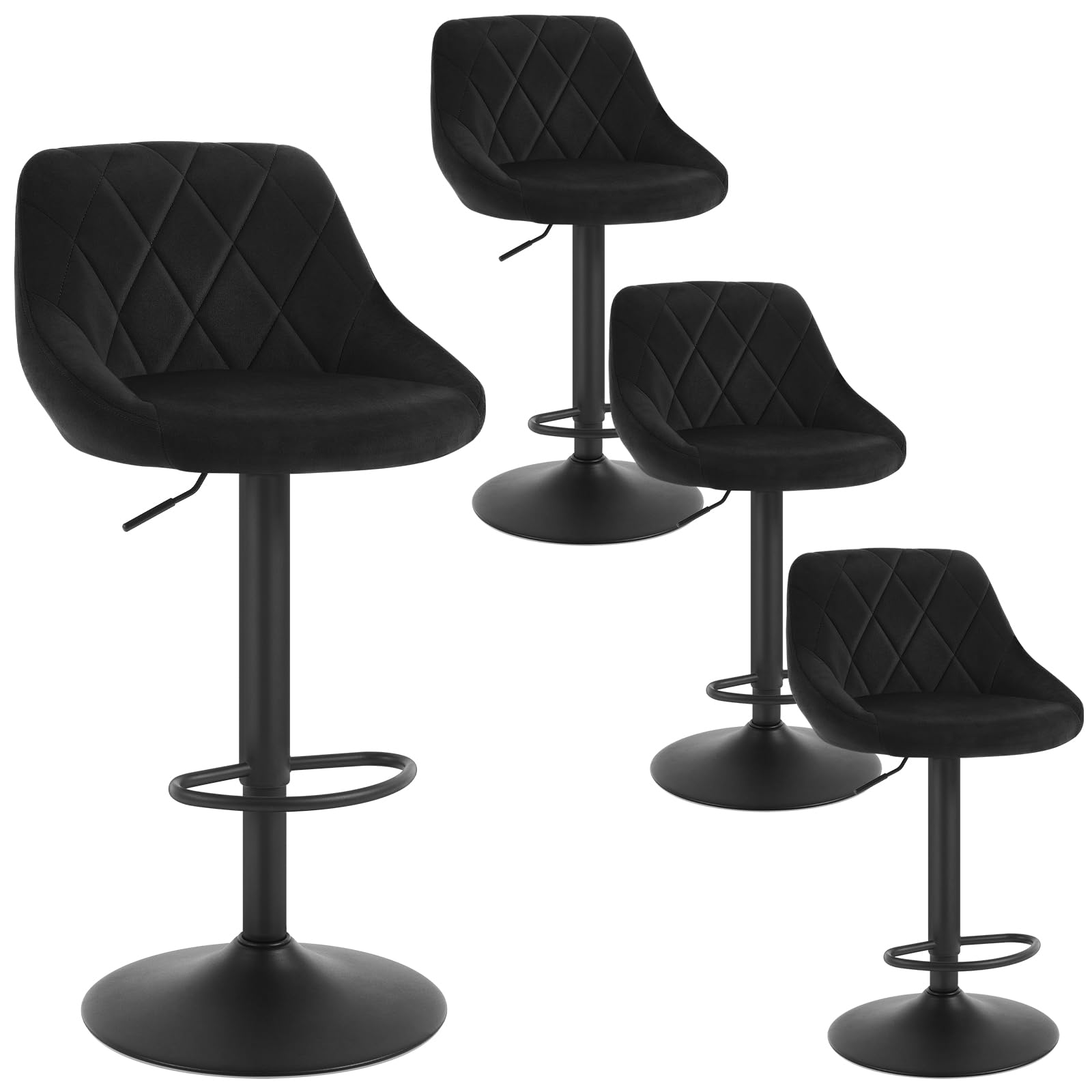 WOLTU Tabouret Bar Lot de 4, Hauteur Réglable, en Velours, Noir | Chaise de bar, Siège pivotant à 360°, avec Dossier et Repose-Pieds, pour Cuisine, Salle à Manger