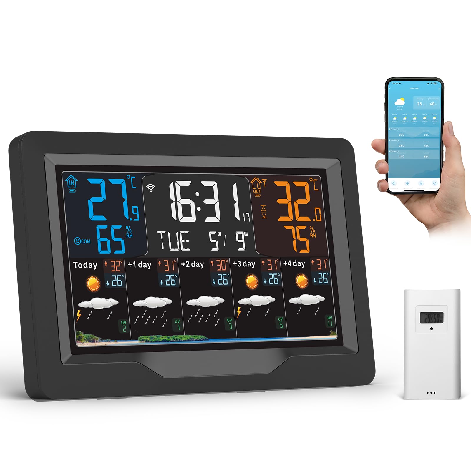 jely Station Météo sans Fil, avec Prévisions Météo à 5 Jours | Connectée WIFI, 4 Luminosités Réglables, 3 Réveils, Thermomètre Hygromètre Intérieur Extérieur avec Capteur, Noir