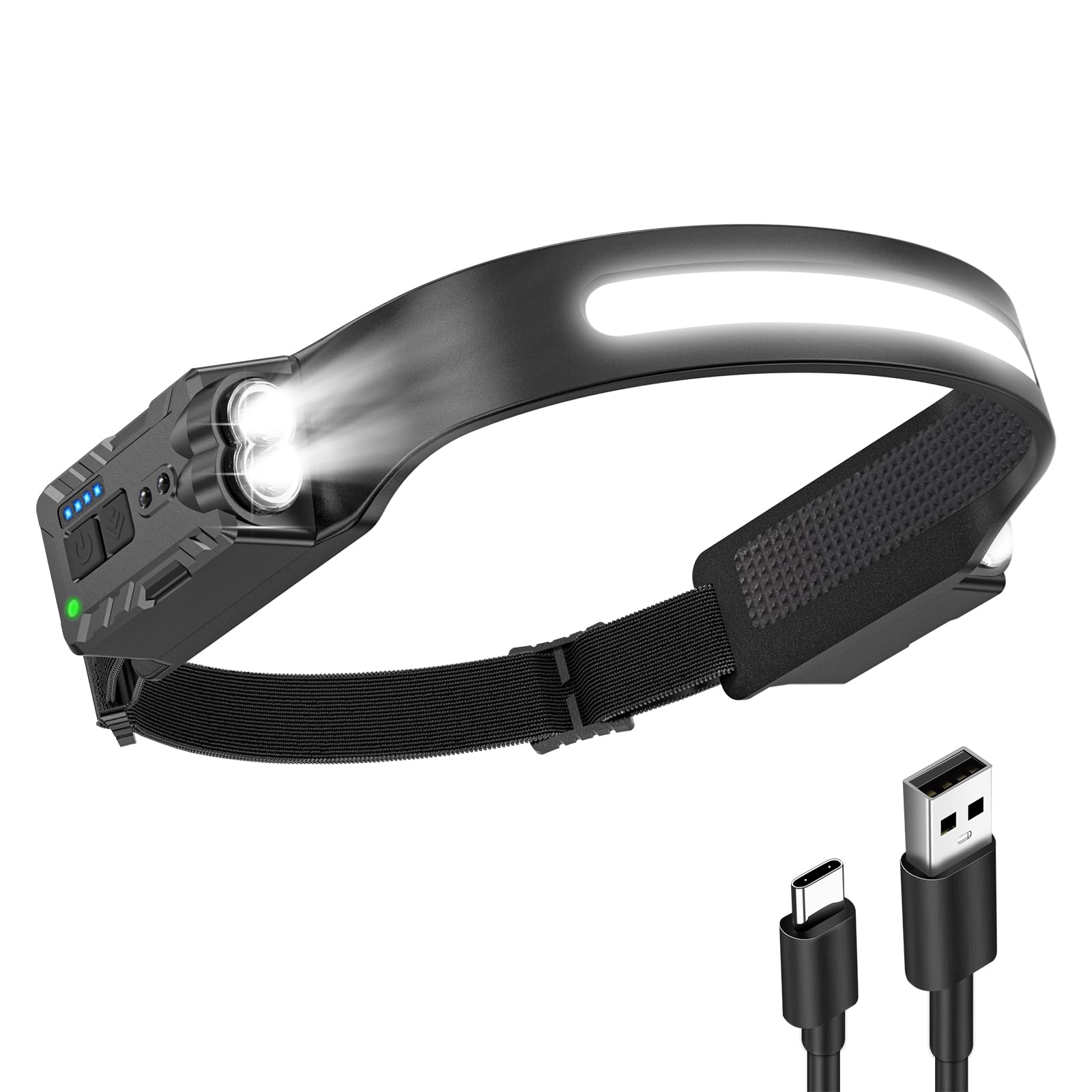 Diboniur Lampe Frontale Rechargeable 340° avec 8 Modes | 1 bande COB grand angle et 4 spots XPE, capteur de mouvement, IPX4, bandeau réglable, pour camping, course et réparation