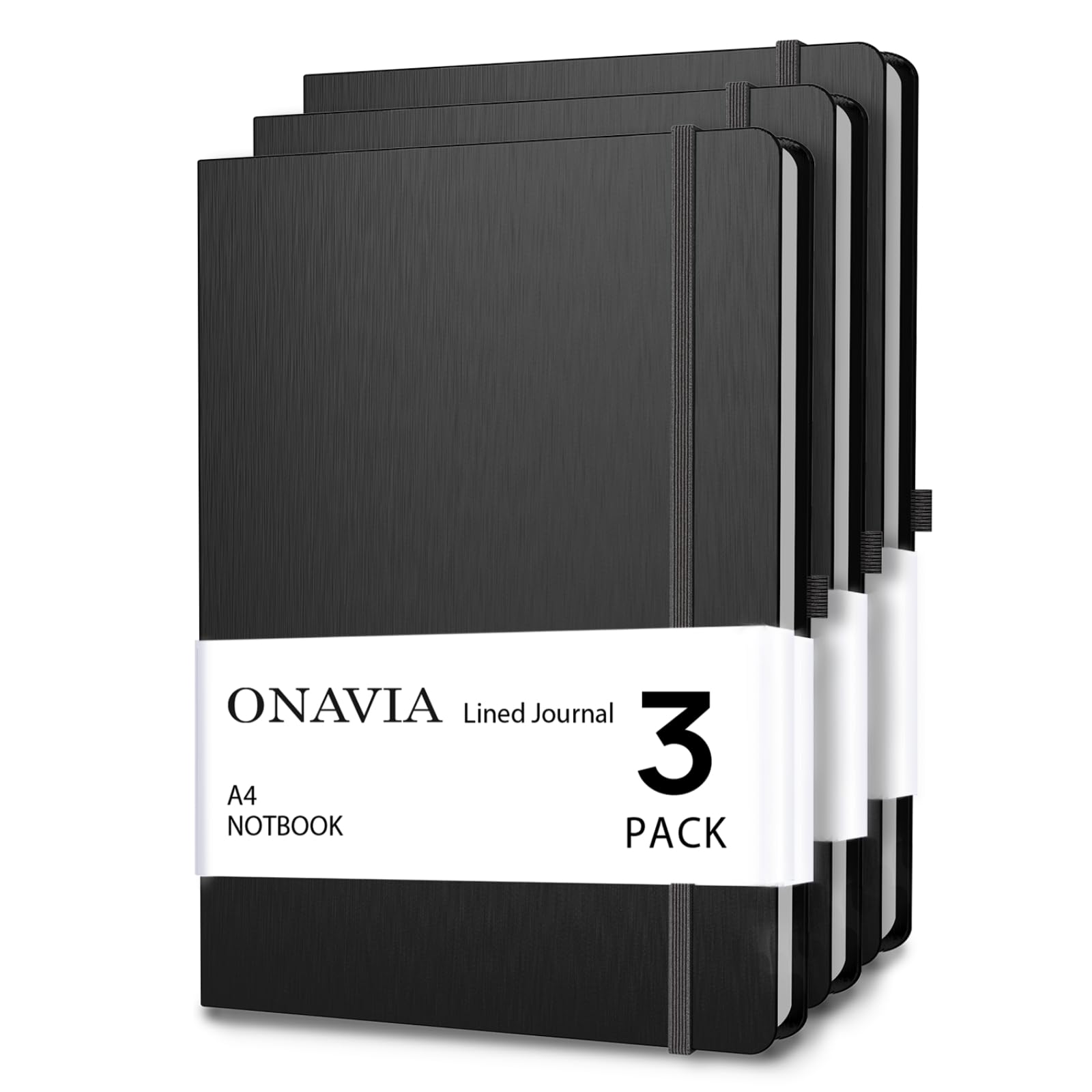 ONAVIA Carnet de Notes A4 Classique Papier Ligné, Journal Couverture Rigide et Fermeture par Elastique, 160 Pages et 80 g/m² Paquet de 3 (Noir)