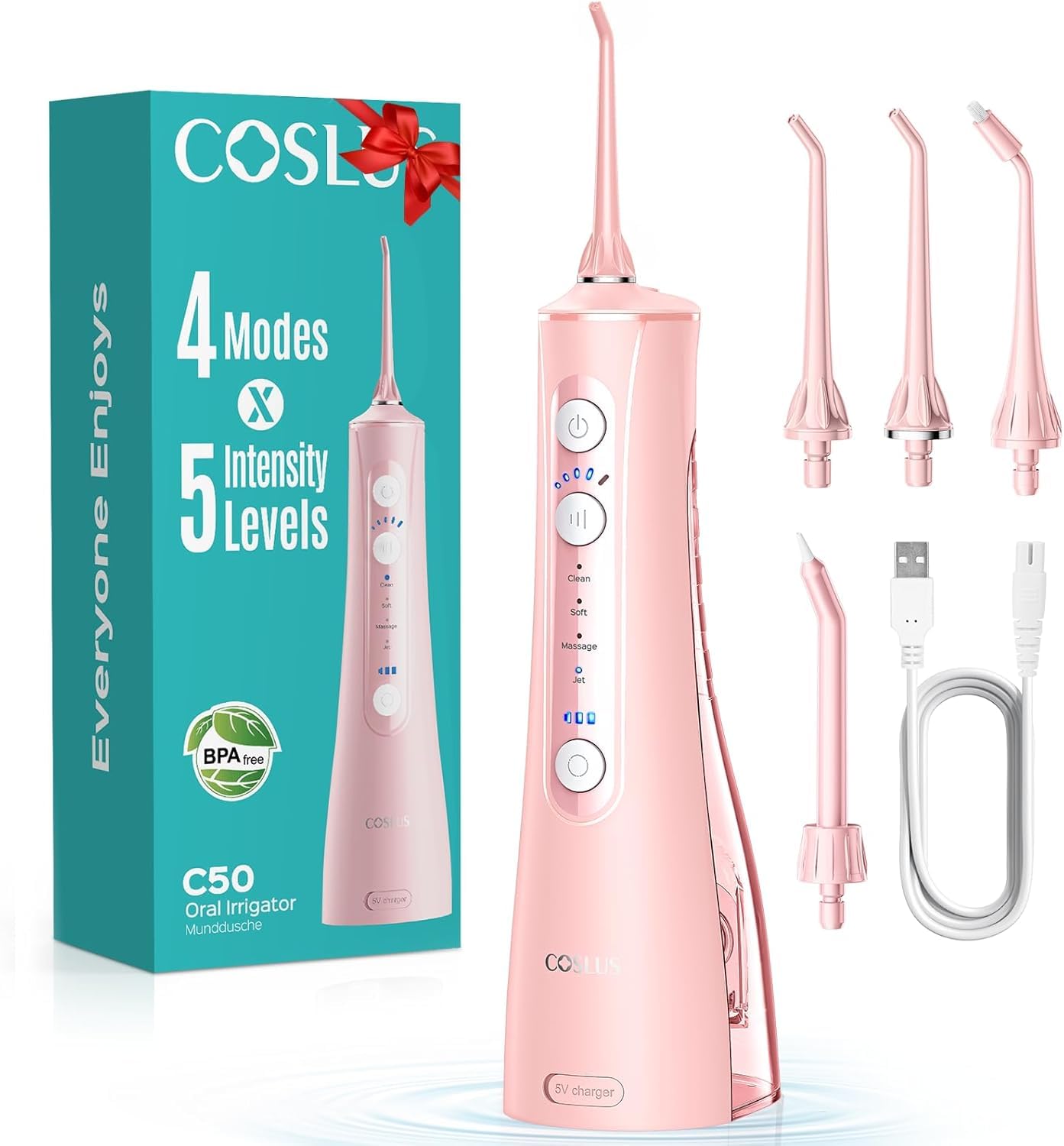 COSLUS C50 Hydropulseur Jet Dentaire, 4 Modes, 5 Niveaux D'Intensité, Rose | Pour Appareils Dentaires, Orthodontie Et Gencives Sensibles, Sans Fil, Idéal Pour La Maison Et Les Voyages En Famille