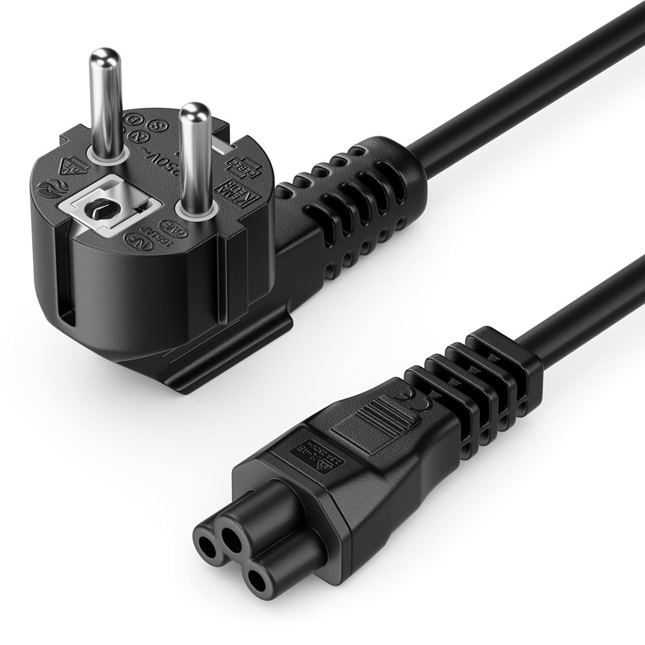 deleyCON 1,5m Câble Secteur Câble d'alimentation Contact de Protection Fiche Type F (CEE 7/7) Coudé 90° à Prise IEC C5 2,5 Ampères Accouplement de Trèfle Bloc d'alimentation Ordinateur - Noir