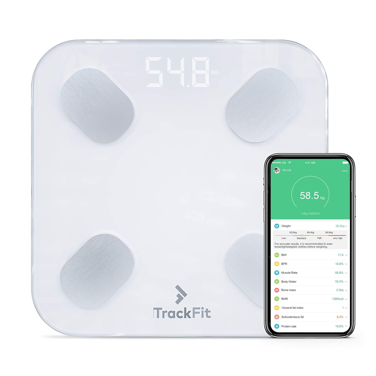 FitTrack Pèse-Personne Impédancemètre Dara - 17 Indicateurs de Santé -% de Gras, Muscle, Eau, Masse Osseuse, Métabolisme Basal, Forme du Corps - Reconnaissance Auto pour 8 Personnes