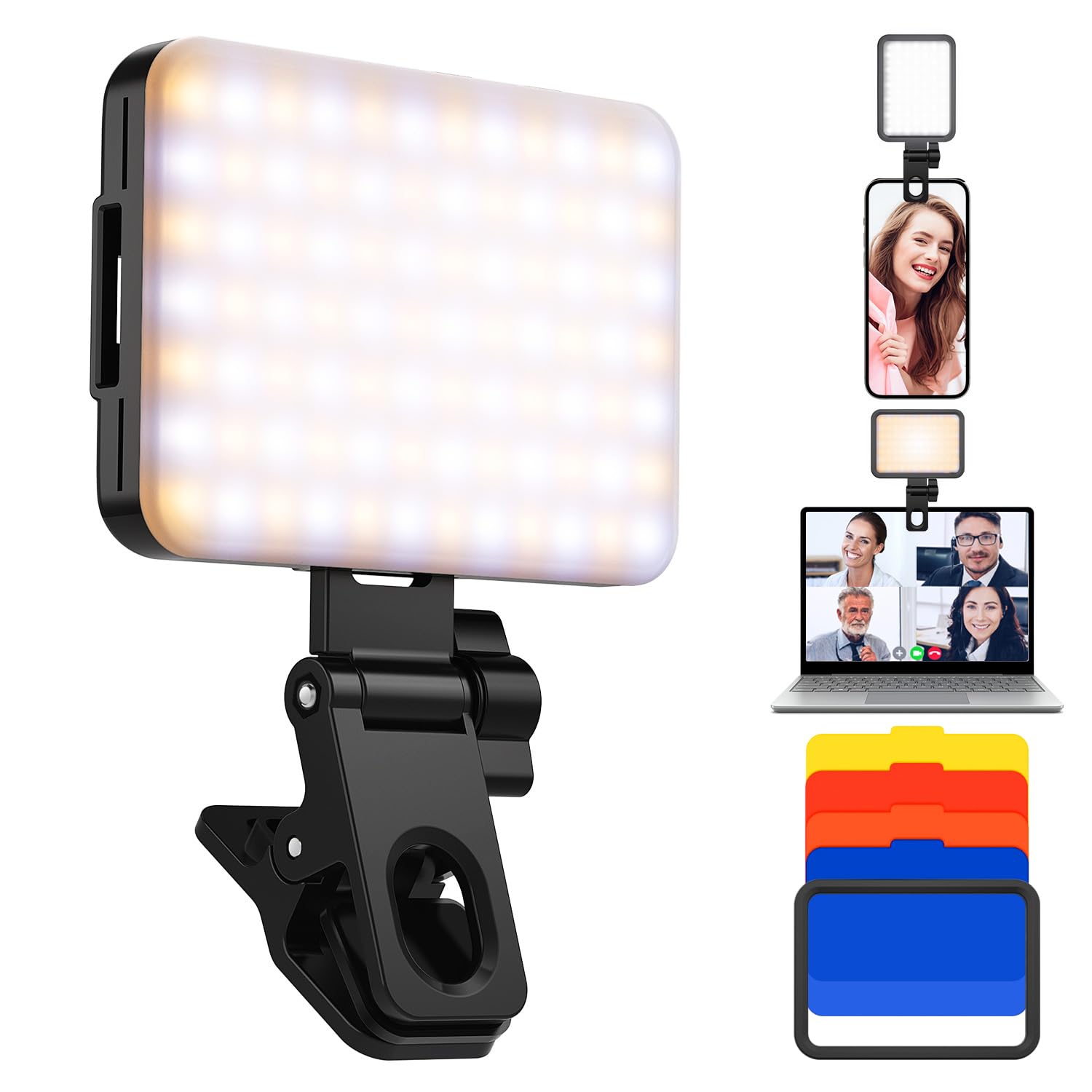 K&F CONCEPT Lumière Vidéo LED 84 Bicolore pour Visioconférence | 3000K-10000K, 3 modes lumière, 4 filtres couleur, CRI 95+, clip pour mobile iPhone iPad laptop