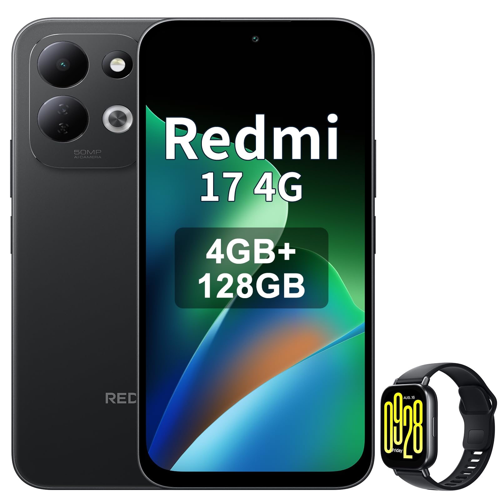 Xiaomi REDMI 17 4G 4 + 128 Go, noir, montre intelligente incluse | Processeur Helio G91-Ultra, écran de 6,9" 120 Hz, batterie 7500 mAh, double caméra arrière 50 MP