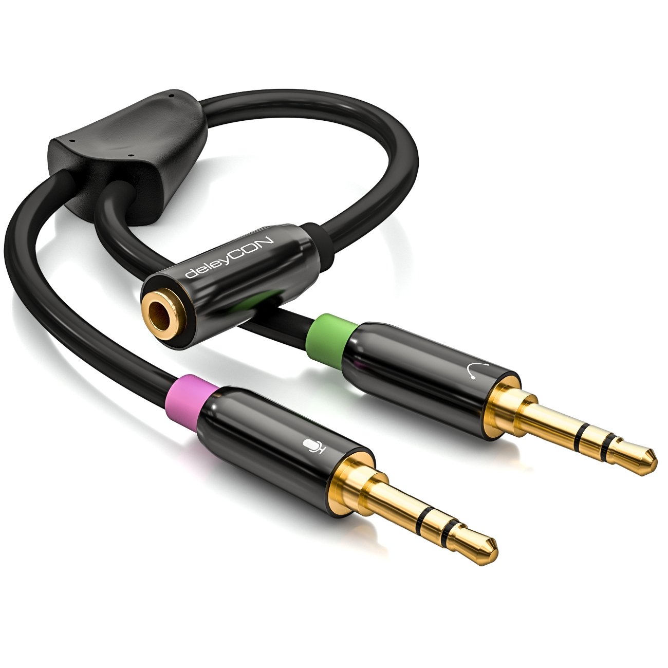deleyCON Adaptateur Casque PC - Câble Audio Stéréo en Y - Jack 3,5mm 1 Prise vers 2 Fiches - pour Casque Gaming avec Micro sur PC ou Ordinateur Portable