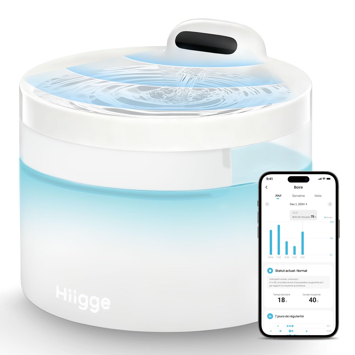 Hiigge Fontaine a Eau Chat Sans Fil [96 Jours Autonomie] Fontaine à Eau pour Chat et Chien Detecteur de Mouvement,25dB Super Silencieuse,Fontaine Eau Chat Contrôlé par l'APP Réception des Notification
