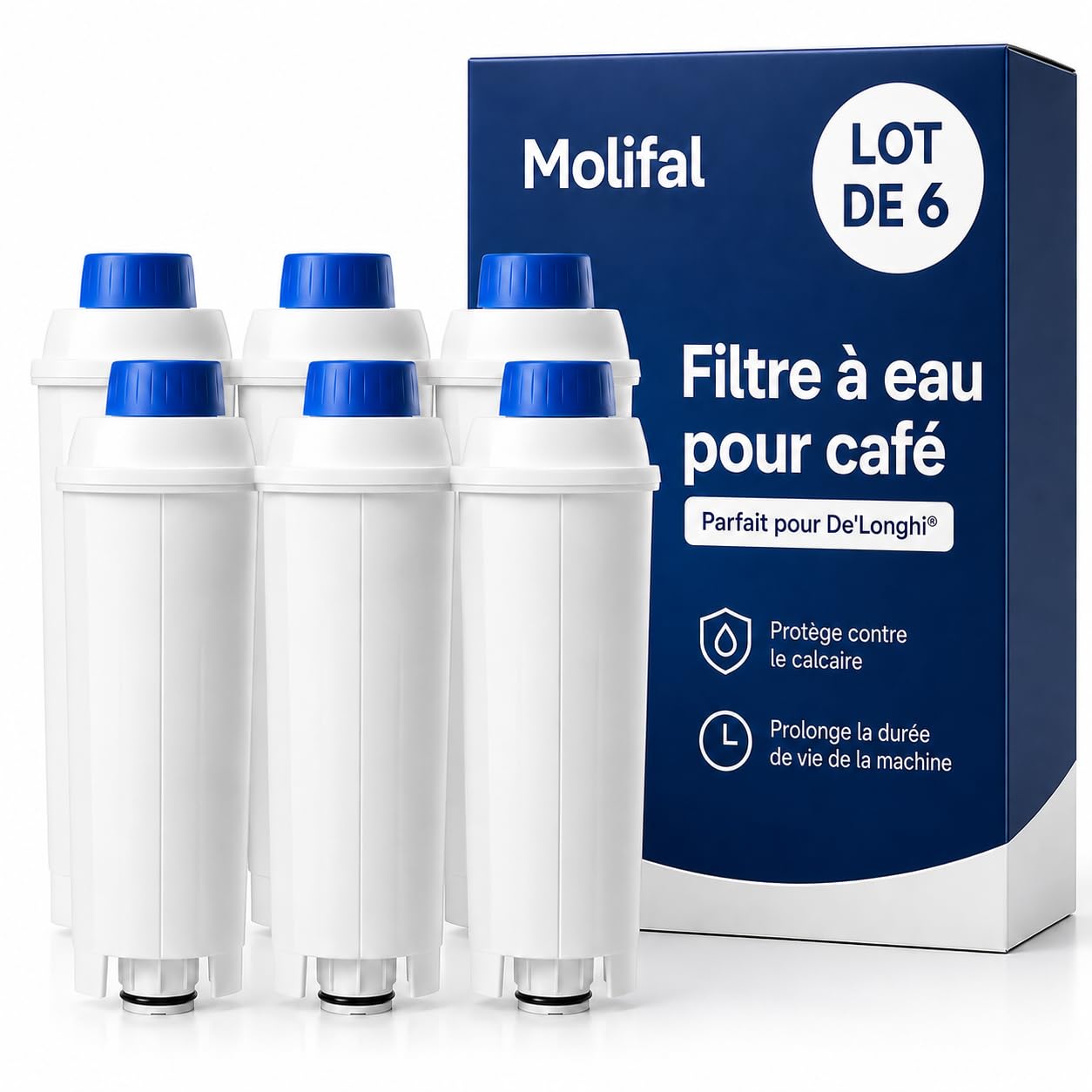 Molifal Filtre à eau de rechange pour machines à café Delonghi DLSC002- (6) | compatible avec Delonghi Dinamica, Magnifica S, Eletta Explorer, ETAM Autentica EPAM et ECAM Series