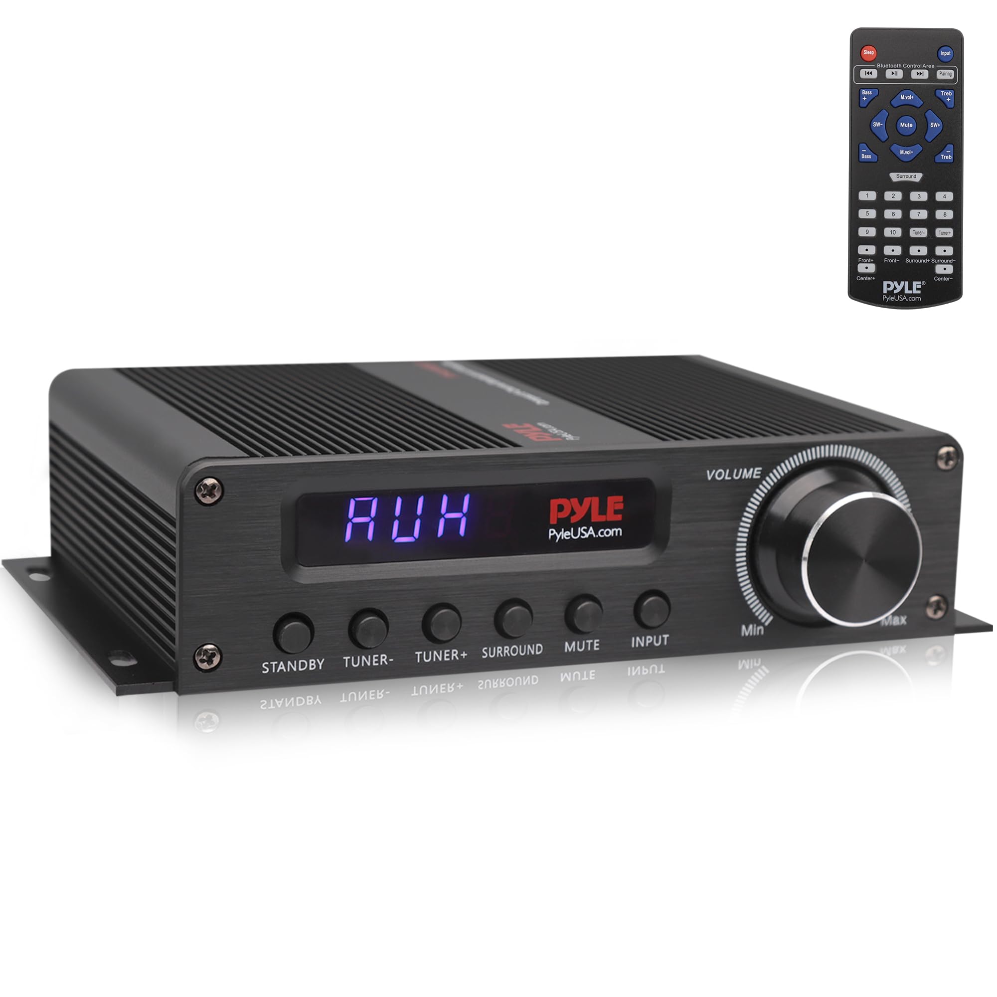 Pyle Amplificateur Audio Home Cinéma 5.1 Bluetooth, Ampli HiFi HDMI 4K | 5 enceintes et caisson de basses, radio FM, télécommande, écran LED, mode bypass, 200 W max, façade aluminium