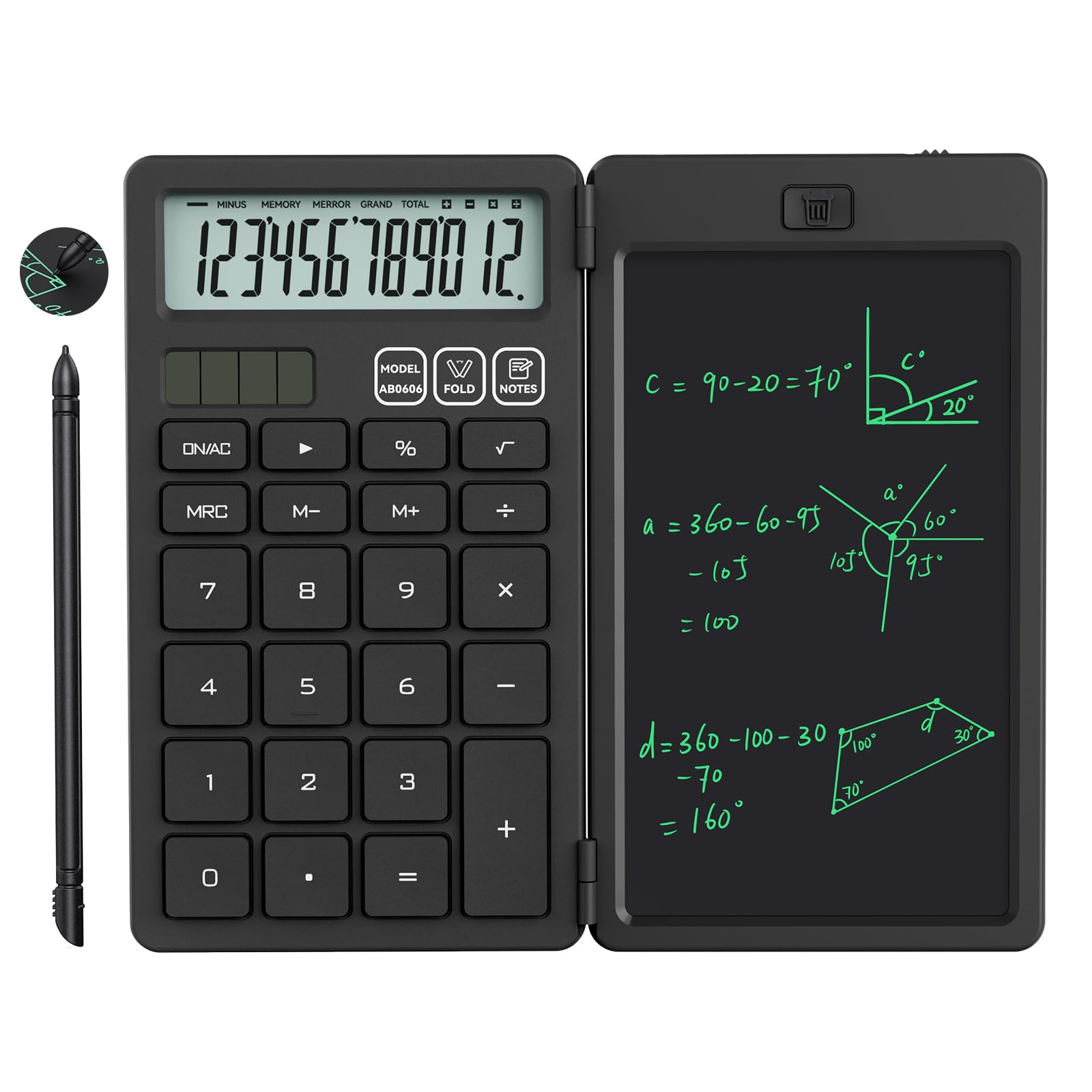 NEWYES Calculatrice avec Tablette d'Écriture, Calculatrice de Base Portable pour Élèves du Primaire et du Collège, Noir