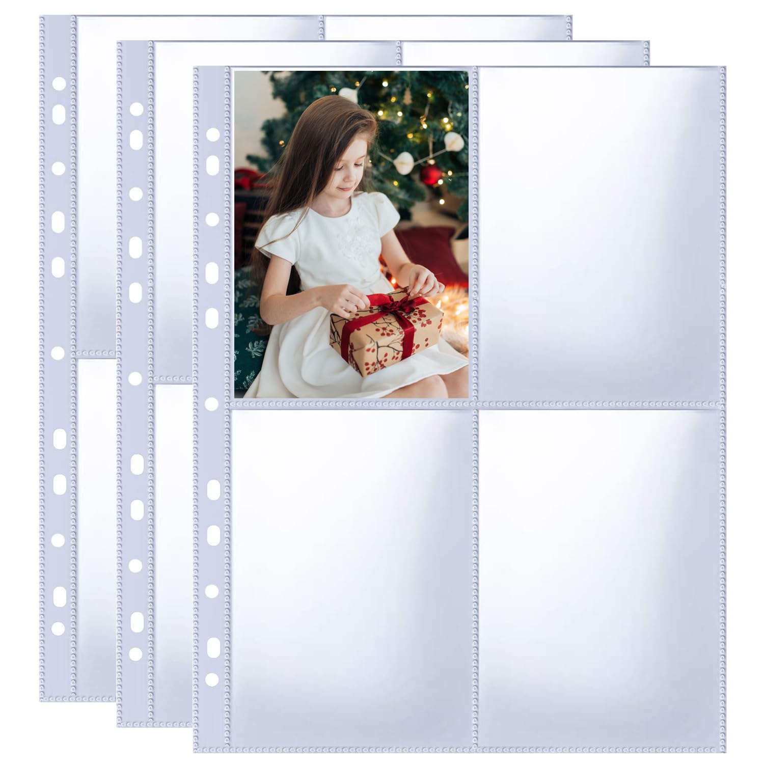 40 Pack 320 Pochettes A4 pour Cartes Photos pour Classeur 2/3/4 Anneaux, Pochettes Transparentes pour Cartes Postales, 4 Compartiments, Protection Photo Double Face avec 4 Pochettes, Pages de
