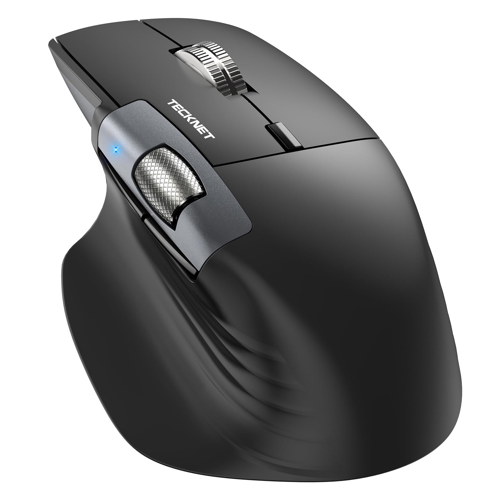 TECKNET Souris sans Fil Bluetooth à Défilement Ultra-Rapide, Rechargeable | Molette Latérale, Connexion USB-C Filaire et 2,4 GHz, Ergonomique pour Droitier, Clics Silencieux, 4800 DPI, Noir