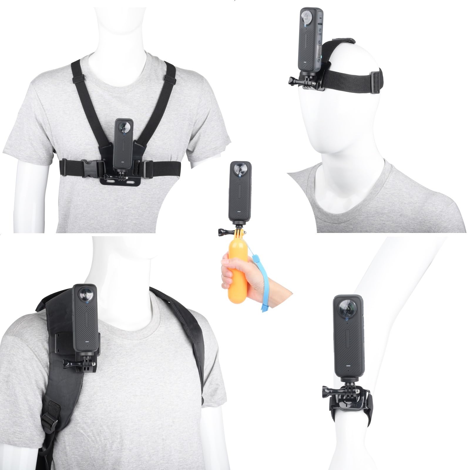 YEHOLDING 10 en 1 Kit caméra d'action,pour Insta360 X6/X5/X4 Air/X4/X3/Ace Pro, Harnais Telephone, Fixation Bandeau, Fixation Poignet,Clip de Sac à Dos, Support Flottant, Compatible avec GoPro Hero