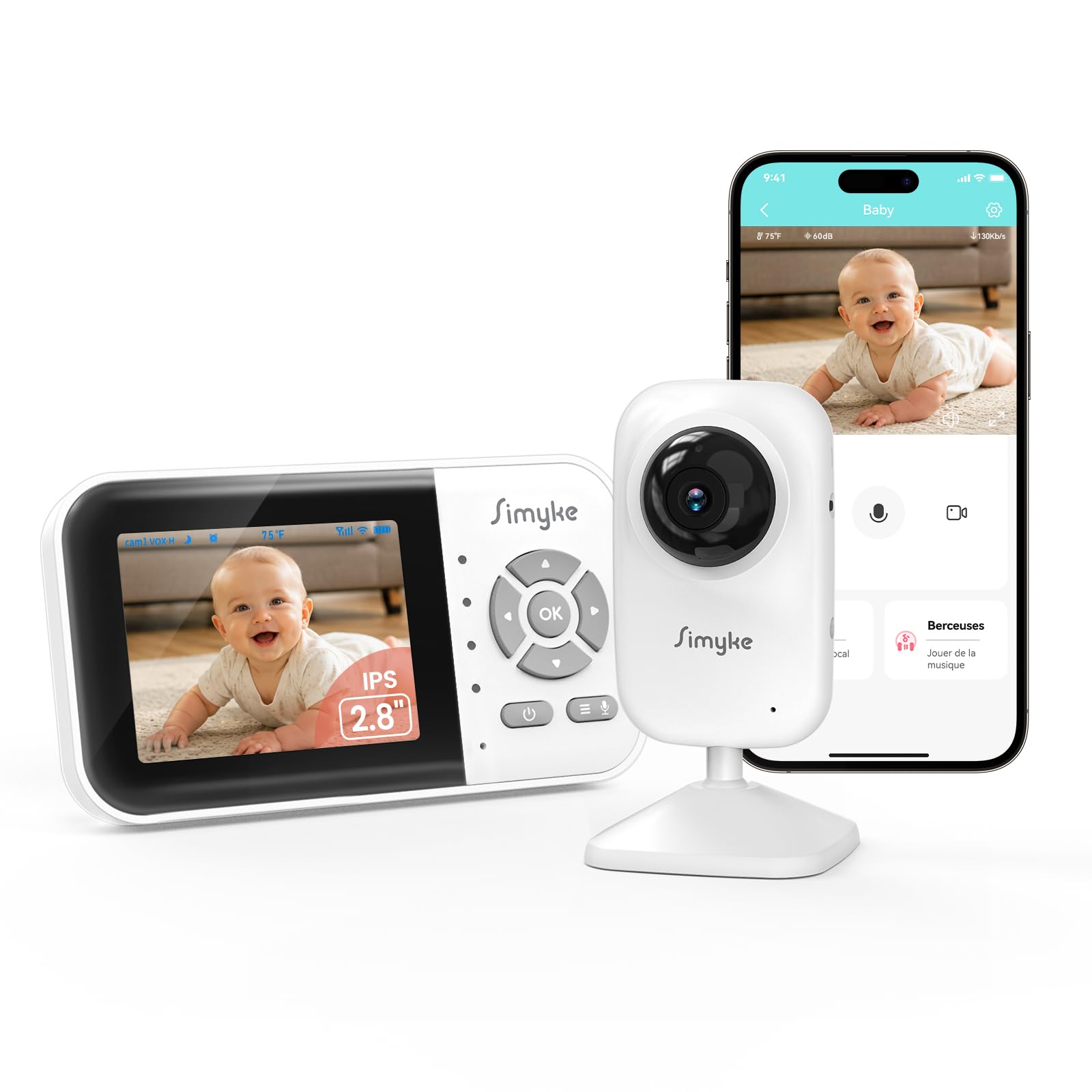 Simyke Babyphone caméra, écran IPS avec Connexion sans Fil directe, Liaison Smartphone WiFi, Vision Nocturne Automatique, Batterie 2500mAh, Mode VOX, Appel bidirectionnel, Partage Familial