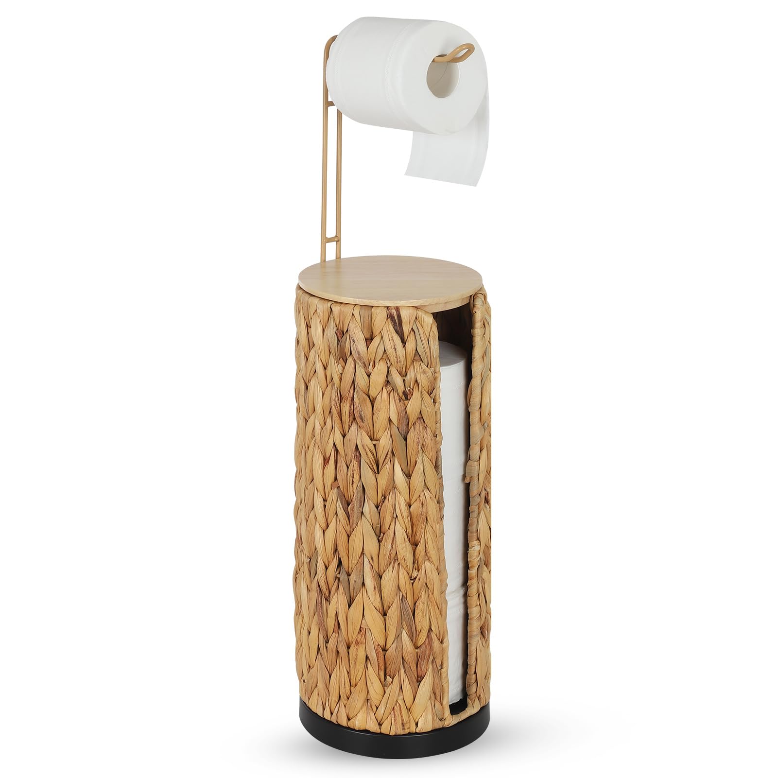 Distributeur de Papier Toilette Autonome Rangement avec Étagère, Porte-Papier de Salle de Bains Debout, Rangement de Papier Toilette en Rotin Boho, Support de Papier Toilette en Jacinthe d'eau