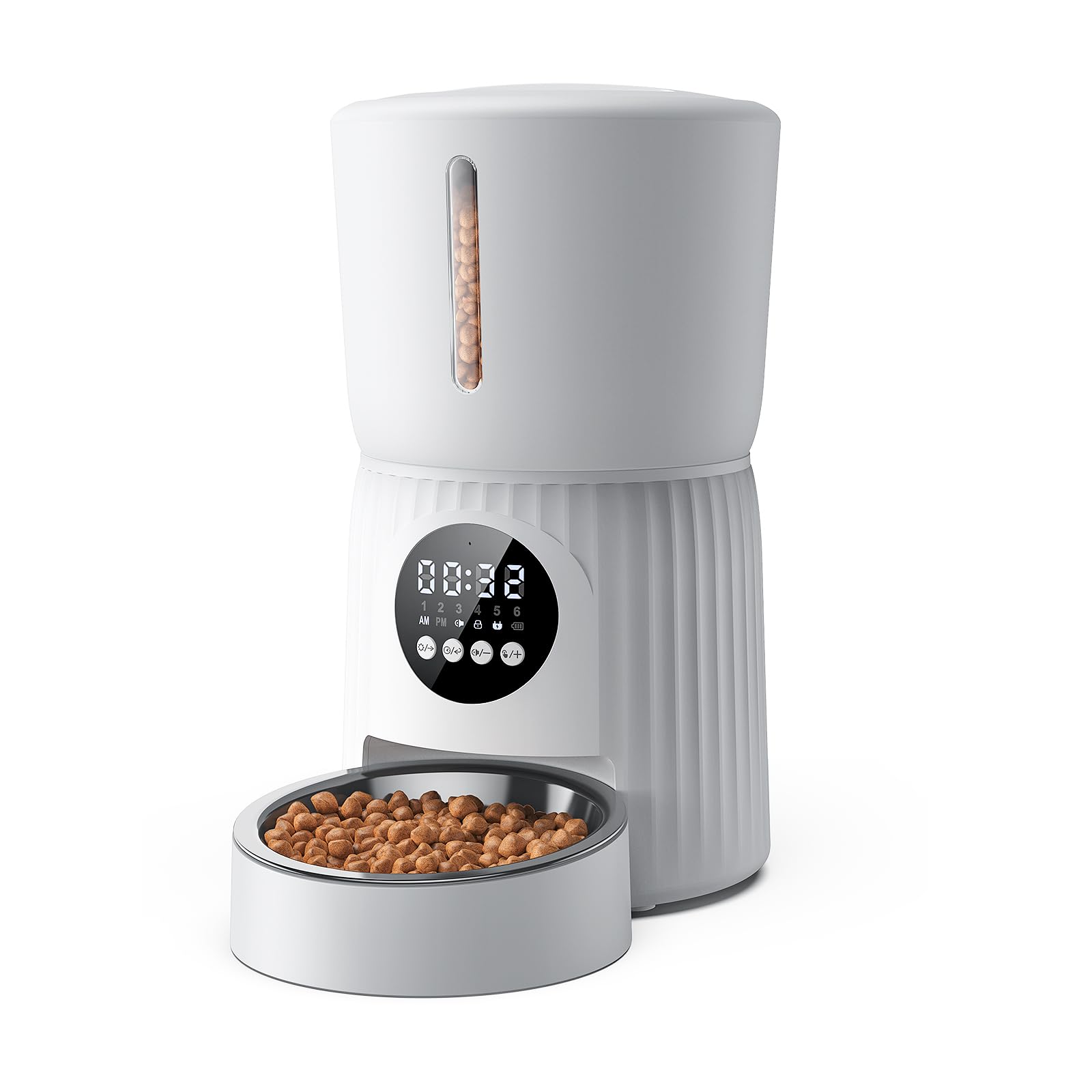 Faroro 4L Distributeur Croquettes Chat Automatique, Mangeoire pour Chat Chien avec Gamelle en Acier Inoxydable, Minuterie Programmable et Enregistreur 30s Vocal, 1 à 6 Repas par Jour (Blanc)