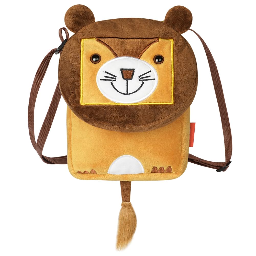 Aomig Sac à Bandoulière avec Queue de Lion Enfant, Sac à Bandoulière Lion Réglable pour Garçons Filles, Sac à Bandoulière Lion de Dessin Animé, Sac de Rangement en Peluche Douce pour la Maternelle