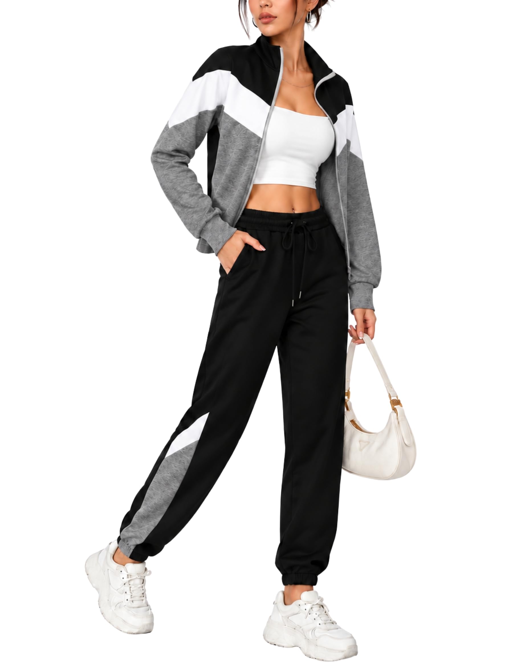 Marvmys Survêtement Femme Ensemble Zippé Vêtements De Sport | Couleurs Contrastées Fitness Jogging Manches Longues Sportwear