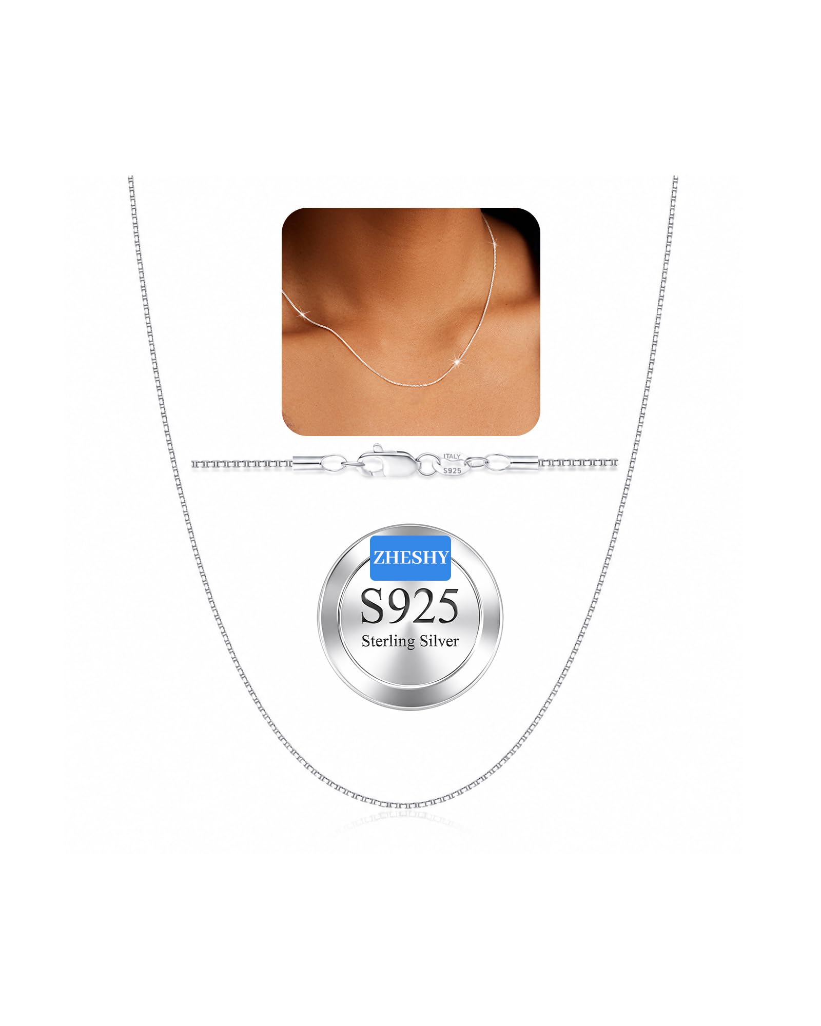 ZHESHY Argent Sterling 925 Collier Pour Femmes Largeur 0.8/1/1.3mm Chaîne | Argent Collier,Sans Pendentif,Fine Chaîne En Argent,Collier Ras Du Cou,Pour Femmes Hommes,Bijoux Cadeaux,40/45/50/55cm
