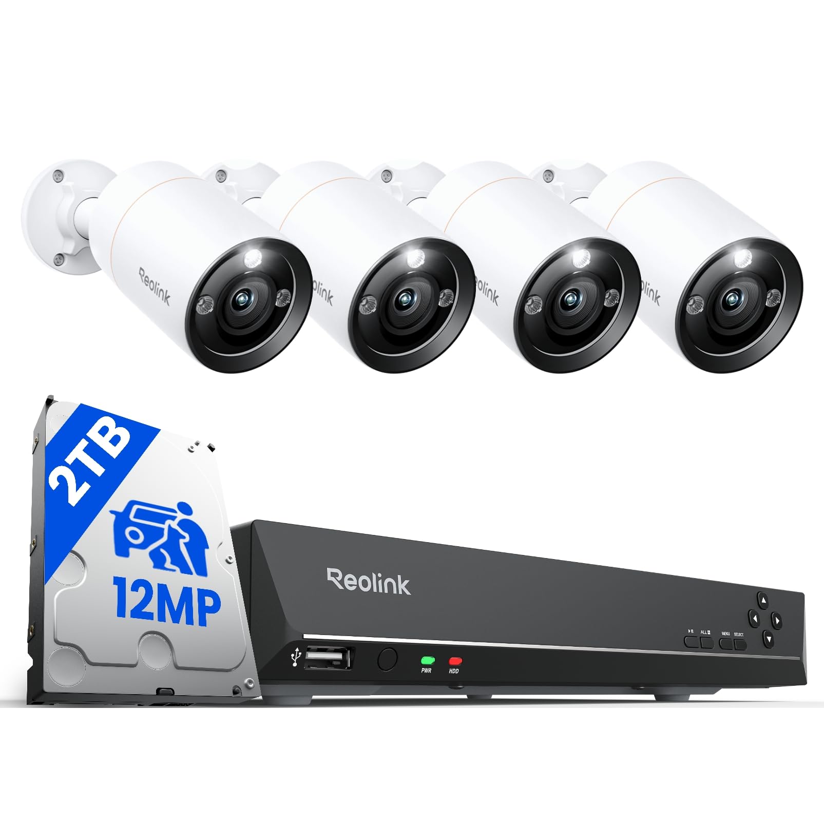 Reolink 12MP Kit Caméra Surveillance, Caméra IP PoE avec Détection par IA | Kit Vidéo Surveillance avec 8CH 2To NVR, Détection de Personne/Véhicule, Vision Nocturne en Couleur, RLK8-1200B4-A