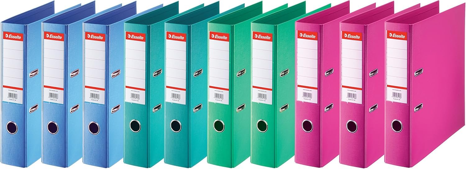Esselte, pack de 10 Classeur à levier A4, Dos 75 mm, 550 feuilles, Assorti | Pack de 10 classeurs à levier A4, dos 75mm, capacité 550 feuilles, couverture polypropylène, coloris assortis.
