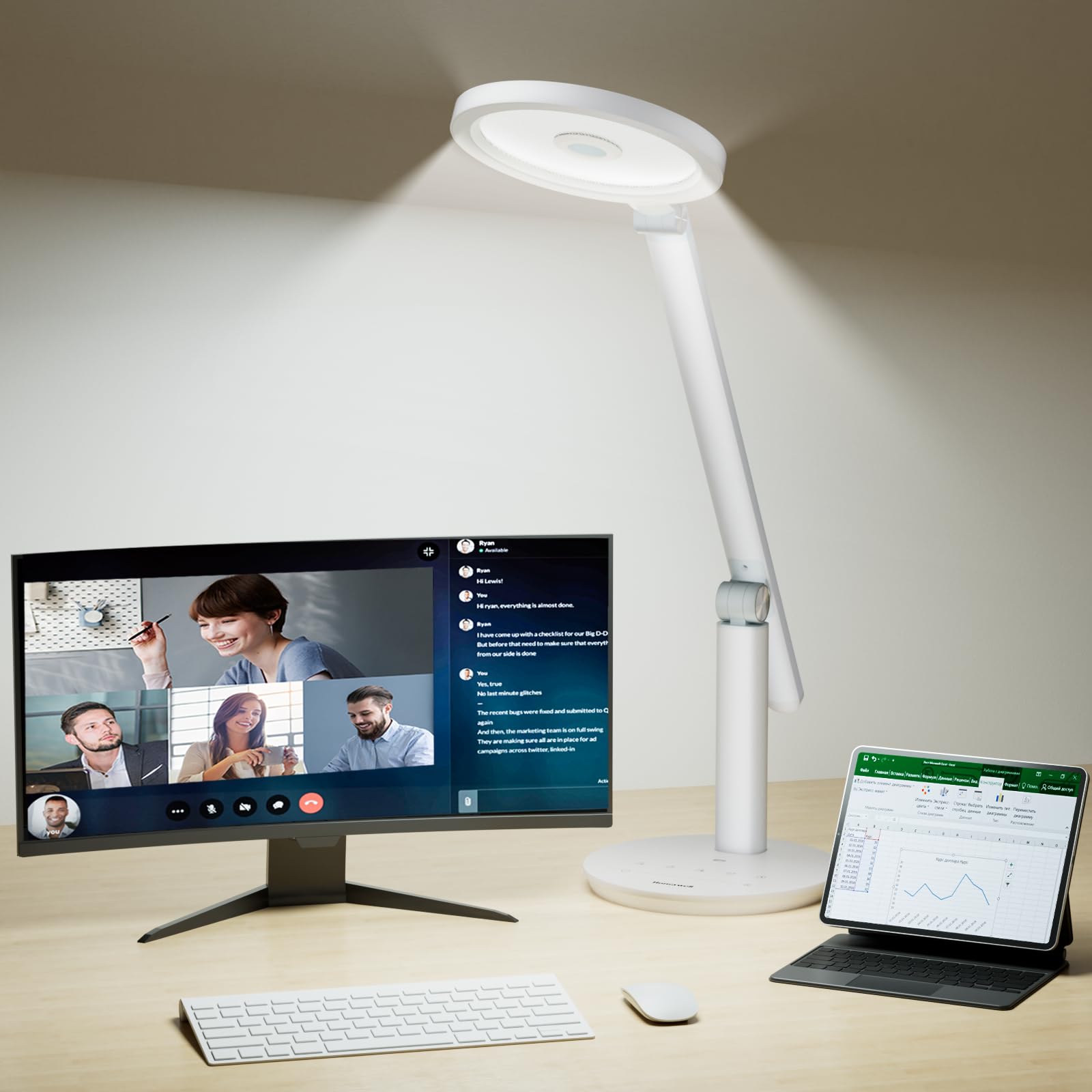Honeywell H6 Lampe De Bureau LED, Lampe Lecture Variable Pour Bureau, Blanc | Sunturalux CRI≥97, RG0 lumière bleue faible, sans scintillement, 800LM variable visioconférence, étude, bureau et chambre