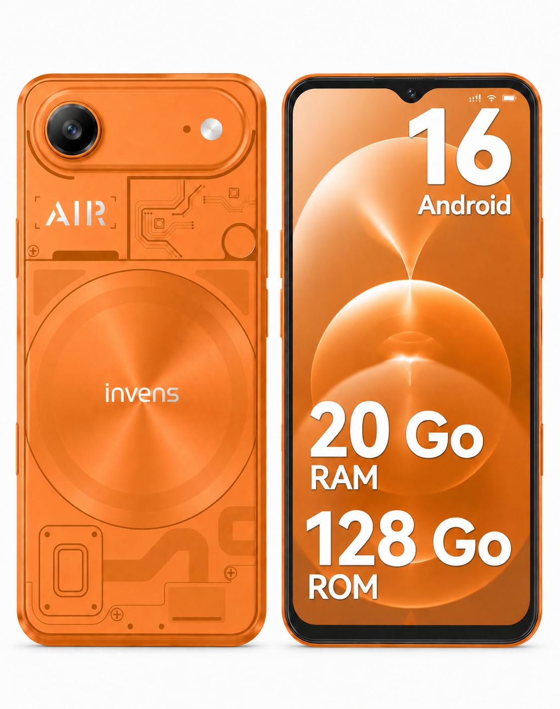 invens Air 1 Téléphone Portable 4G, 20 Go RAM (4+16), 128Go, 6,56", Orange | Batterie 5000 mAh, caméras 13 MP et 8 MP, Face ID, Wi-Fi double bande, Bluetooth 5.0, OTG et extension microSD jusqu’à 1 To.