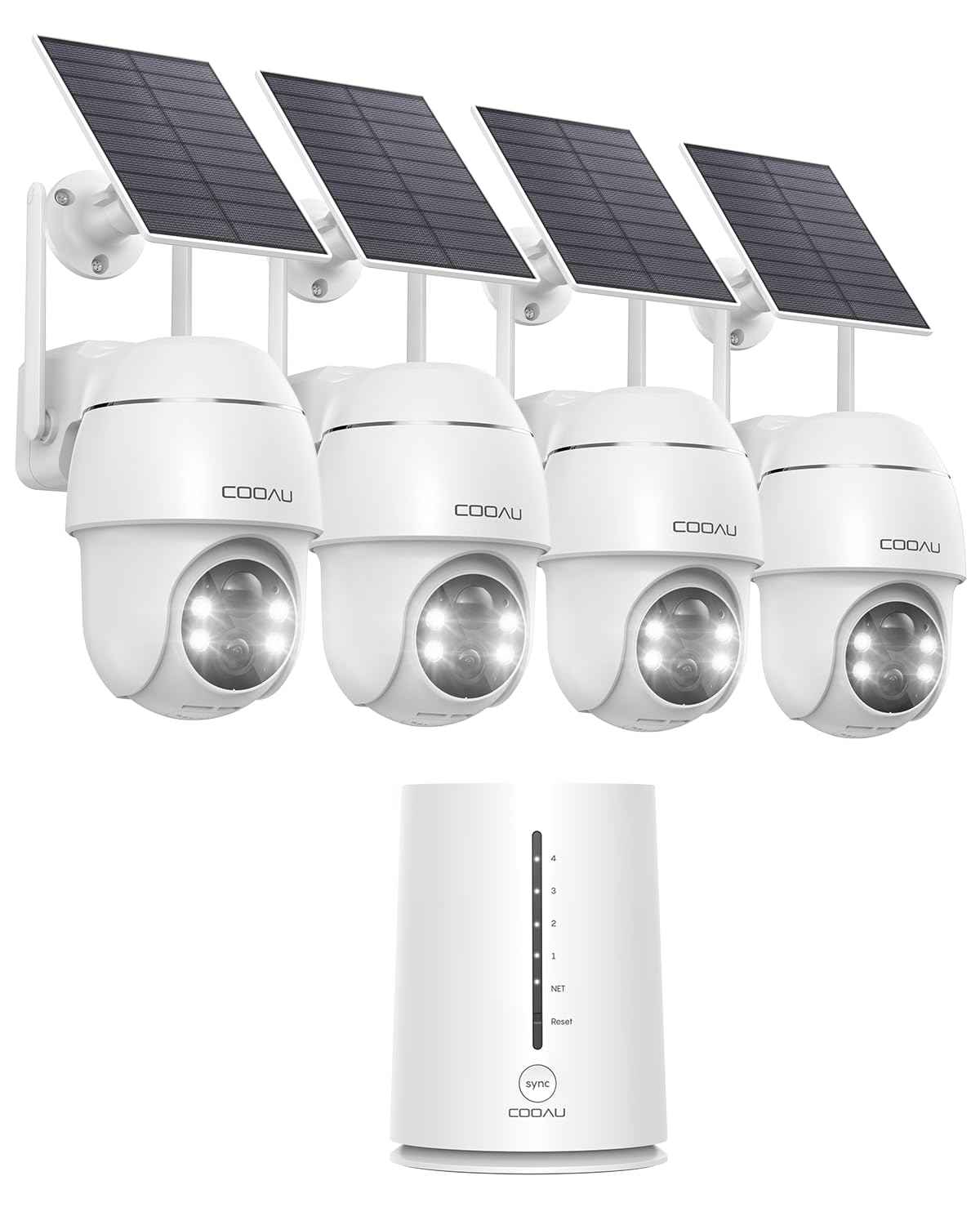 COOAU 4MP Camera Surveillance WiFi Exterieure sans Fil, Base + 4 Caméras | 365 Jours avec Panneau Solaire - 2.5K, 64 Go Stockage Local, Wi-Fi 6, 2.4/5GHz, 360° Panoramique, Zéro frais mensuels, Alexa