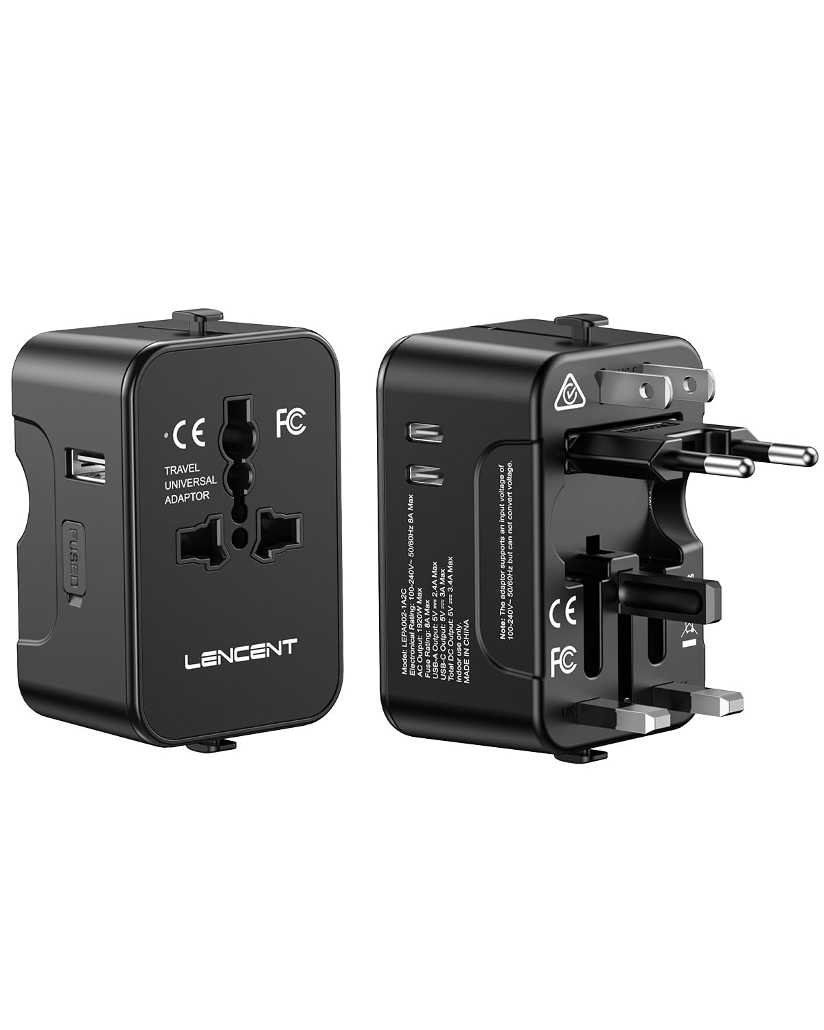 LENCENT Adaptateur de Voyage International Adaptateur Universel Chargeur | avec 1 USB-A et 2 Type C pour Téléphone Tablette, Adaptateur Prise électrique Mondial Tout en Un pour USA/UK/EU/AUS, Noir