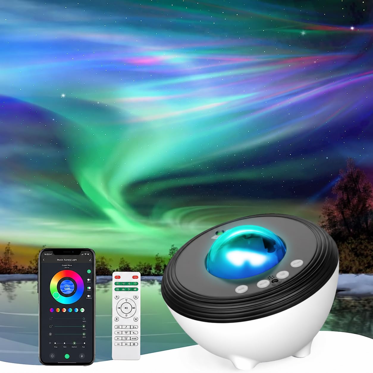 YunLone Aurora de musique, projecteur de lumière étoilée Ciel Etoile et Galaxie avec Bluetooth, télécommande, App et machine à sons - Veilleuse pour enfants et adultes