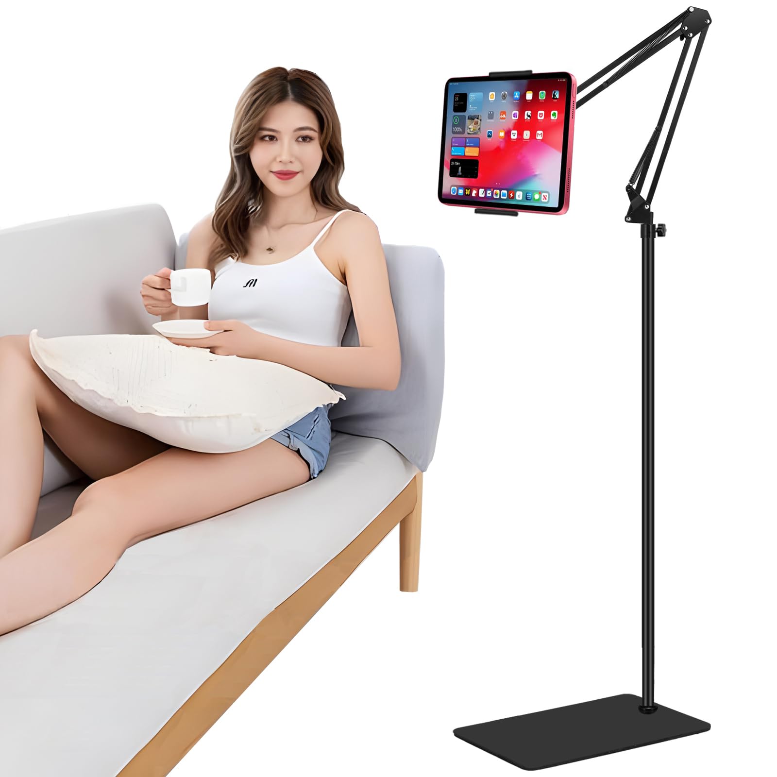 Support pour tablette avec double base lestée, support de téléphone de lit réglable en hauteur/bras extensible, compatible avec iPhone, iPad, Galaxy Tab, Kindle ou autres téléphones de 11,4 cm à 33 cm