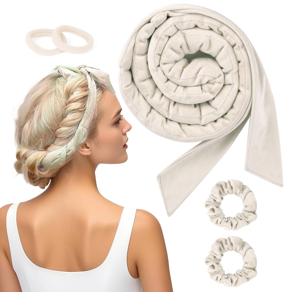 BUTBU Boucle Sans Chaleur, 5 Pièces Bandeau de bigoudis Sans Chaleur | Ensemble de Bigoudis Cheveux Avec élastique, Bigoudi Boucle Cheveux de Sommeil Doux pour Cheveuxs Moyens et Longs(Beige)