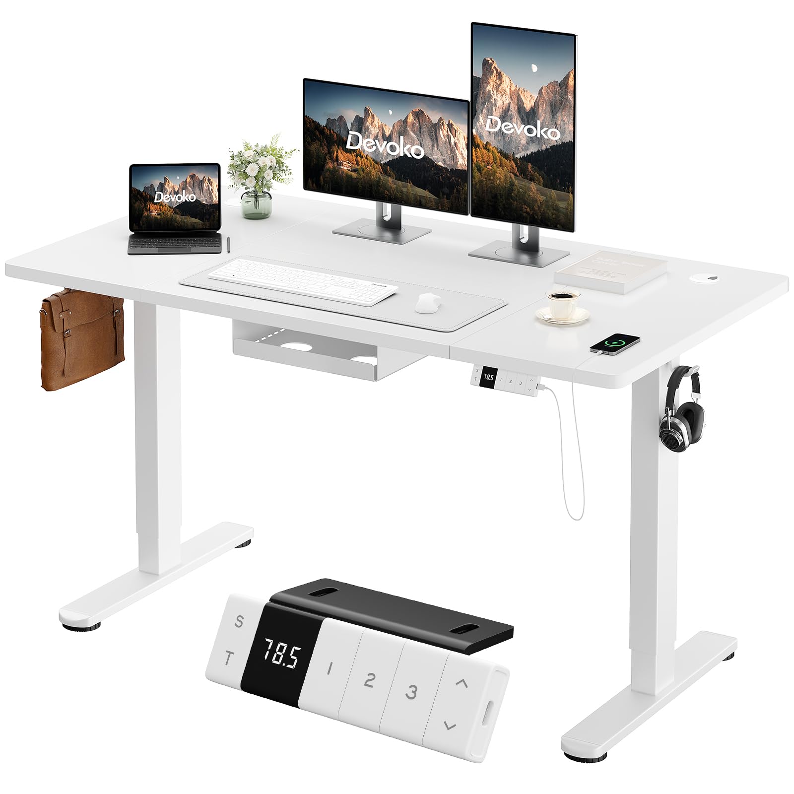 Devoko Bureau Assis Debout Électrique 160×80 cm, 3 Mémoires, USB, Blanc | Anti-collision, Roulettes, 70 kg, 72-119 cm, rangement câbles, 2 crochets, certifié 50% recyclé, montage 30 min
