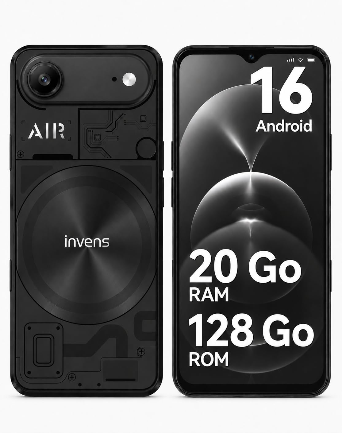 invens Air 1 Téléphone Portable 4G, 20 Go RAM (4+16), 128Go, HD+ 6,56, Noir | Batterie 5000 mAh, caméras 13 MP et 8 MP, Face ID, Wi-Fi double bande, Bluetooth 5.0, OTG et extension microSD jusqu’à 1 To.