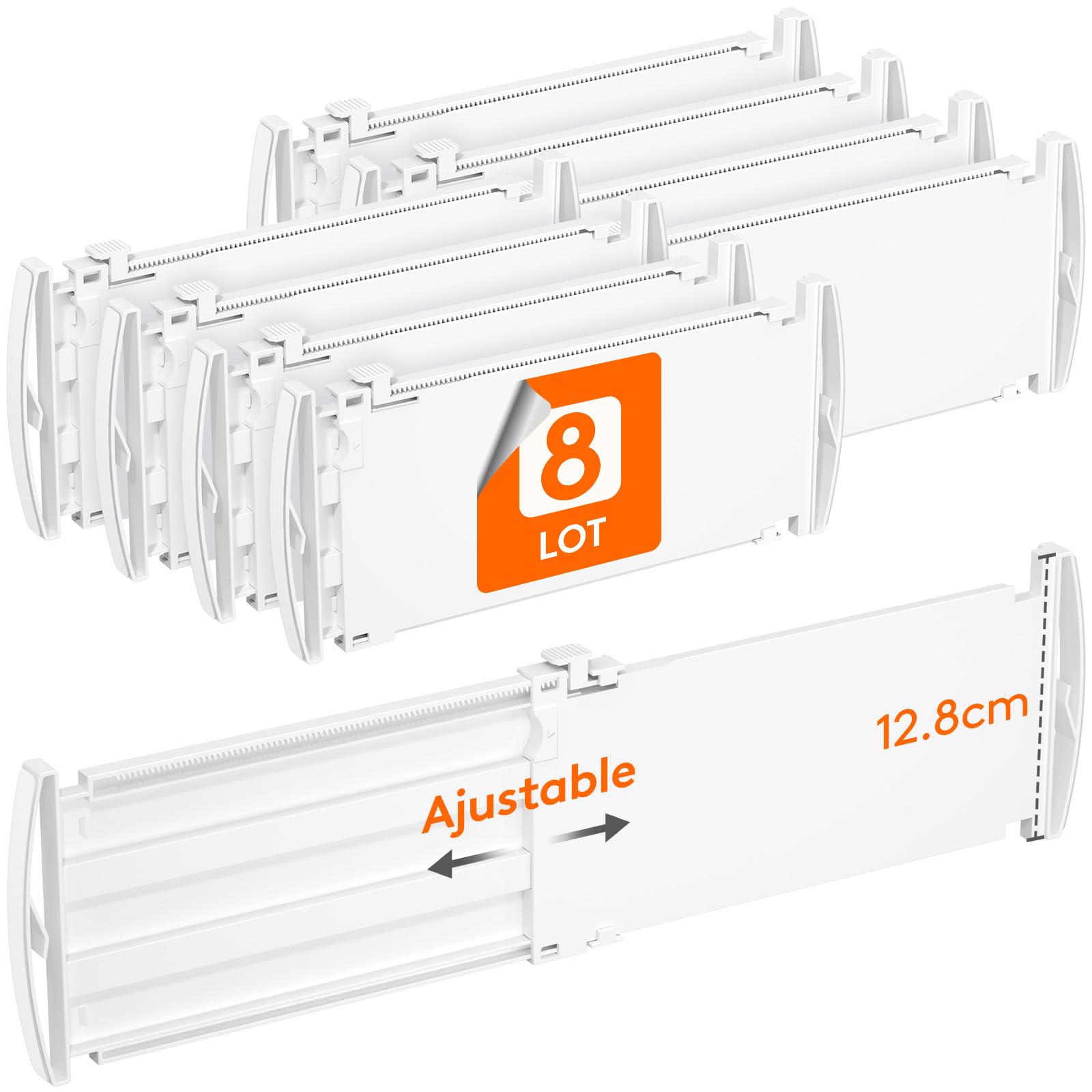 Lifewit Séparateur de Tiroirs Réglable Extensible, Organisateur de Tiroirs pour Vêtements, Diviseur de Rangement Blanc pour Armoire, Cuisine et Bureau, Longueur 30-47 cm, Hauteur 13 cm, Lot de 8