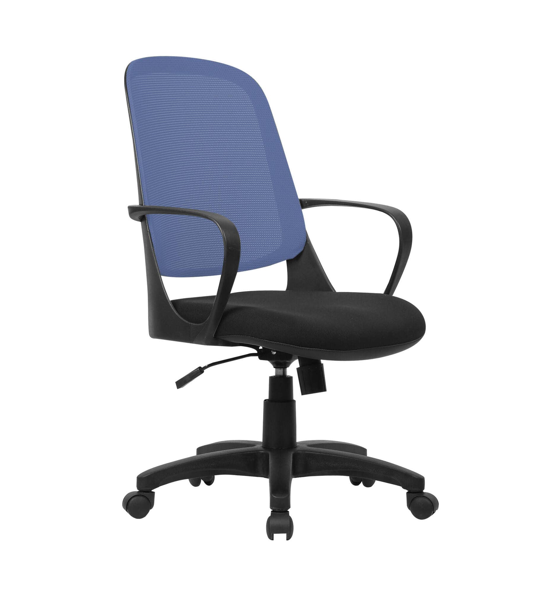 Dmora - Chaise à roulettes Coffs, Chaise de travail en maille avec accoudoirs, Siège de bureau ergonomique, 61x60h99/108 cm, Noir et Bleu